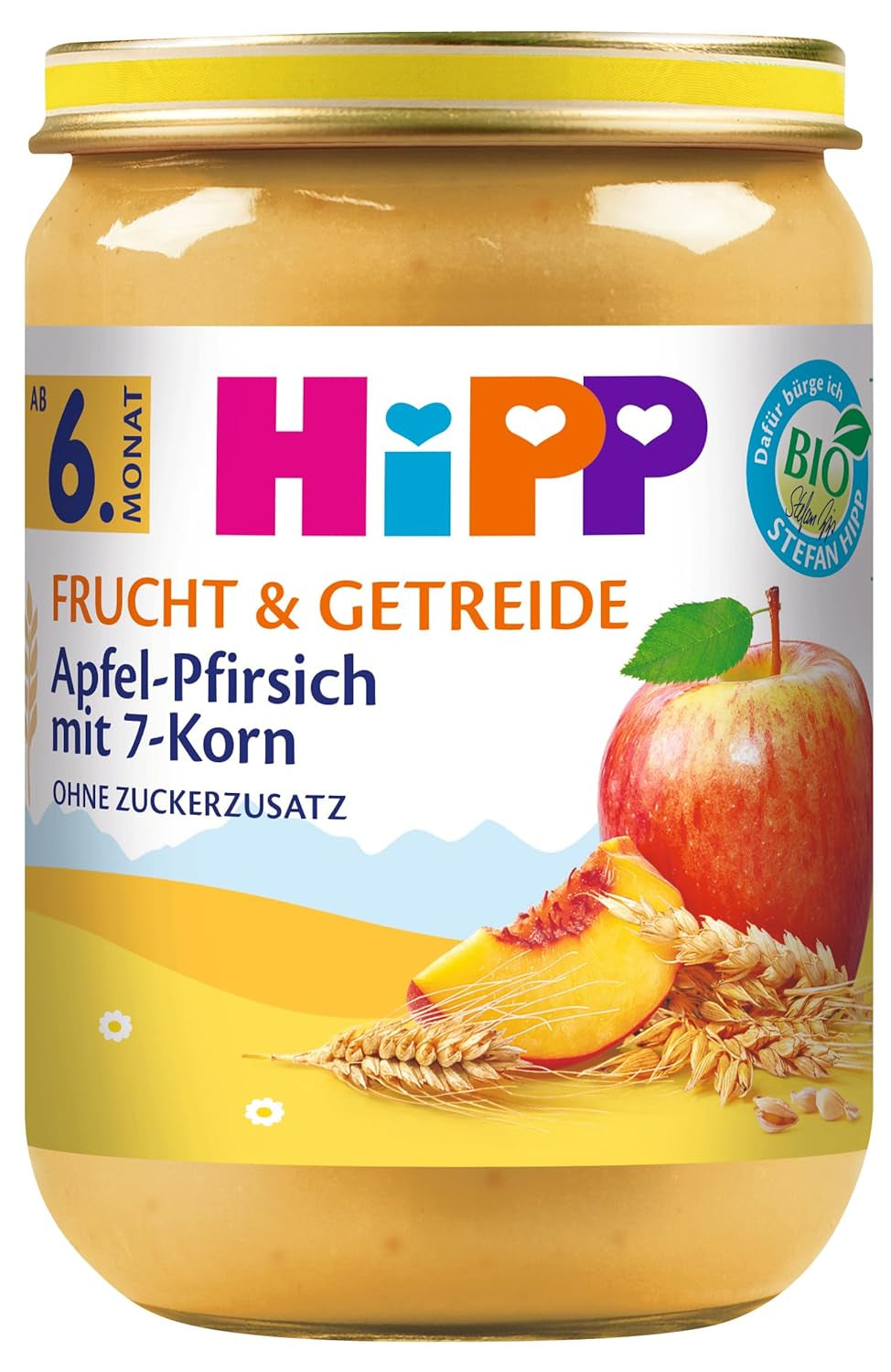 HiPP Organiczne owoce i płatki zbożowe z jabłkiem i brzoskwinią oraz 7 płatków zbożowych, opakowanie 6 szt. (6 x 190 g)