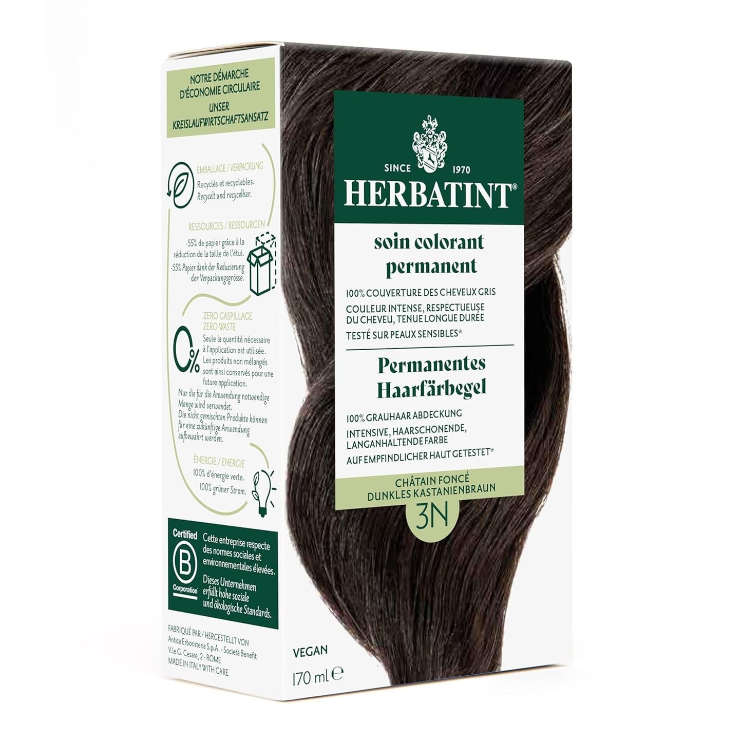 Żel do trwałej farbowania włosów 6N ciemny blond - 170 ml I Bez amoniaku, 100% krycia siwych włosów I Testowany na wrażliwej skórze, z 8 ekstraktami roślinnymi Farba do włosów Naty Shop 3N Ciemny kasztan
