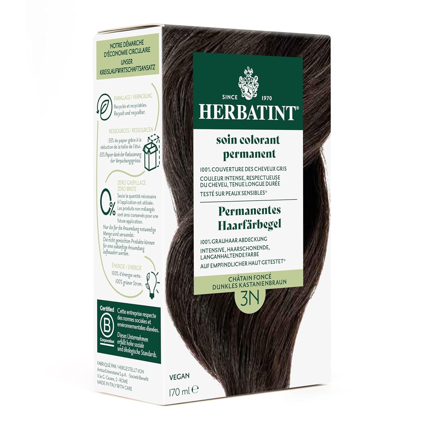 Żel do trwałej farbowania włosów 6N ciemny blond - 170 ml I Bez amoniaku, 100% krycia siwych włosów I Testowany na wrażliwej skórze, z 8 ekstraktami roślinnymi Farba do włosów Naty Shop 3N Ciemny kasztan