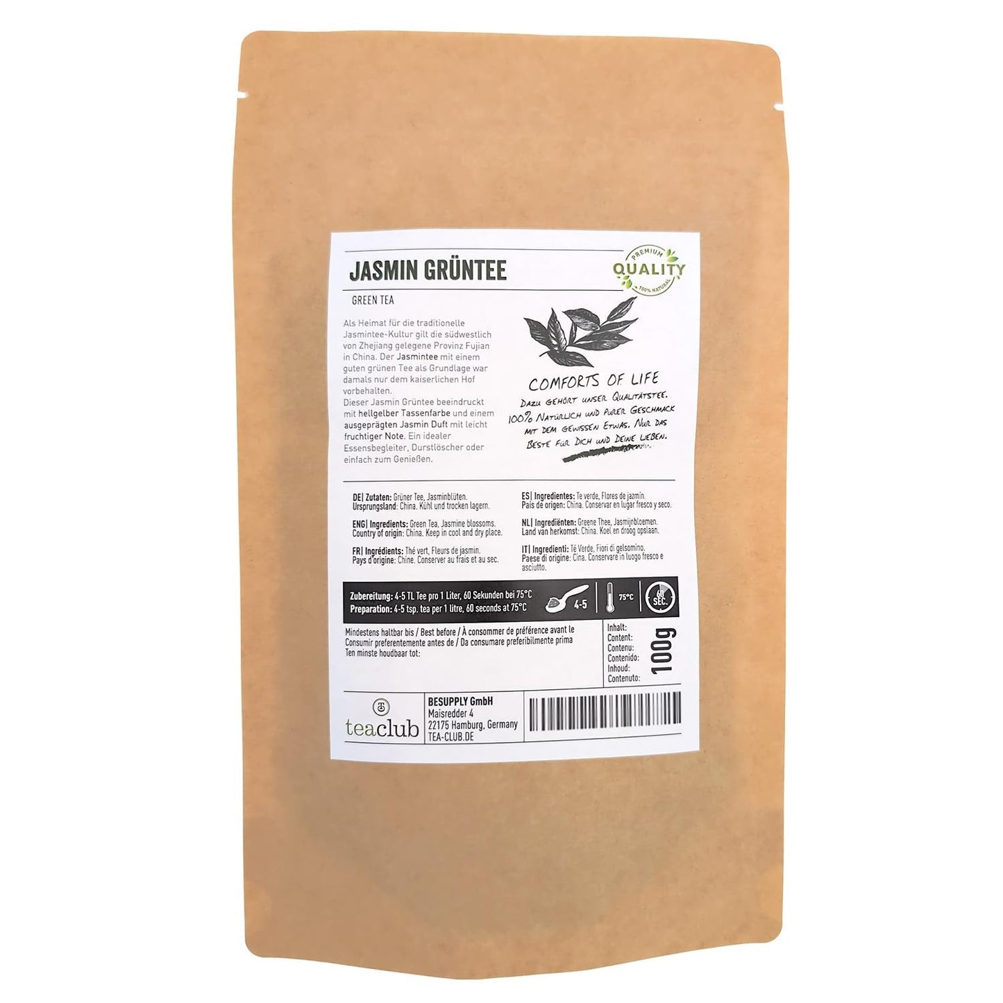 Herbata jaśminowa sypka 100g, Herbata zielona z kwiatem jaśminu o naturalnym smaku, Herbata zielona jaśminowa z wyraźnym aromatem jaśminu, Herbata zielona Teaclub