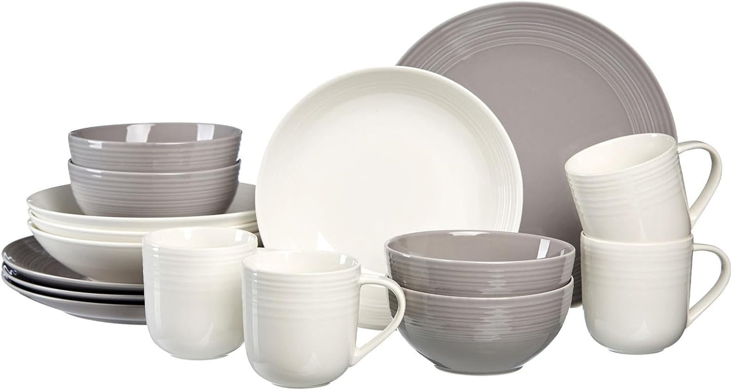 Ritzenhoff & Breker Levi 16-częściowy zestaw obiadowy, talerze, miski i kubki dla 4 osób, skandynawski design z delikatnym żłobkowanym reliefem, naczynia stołowe Mix & Match, porcelana, biały i szary