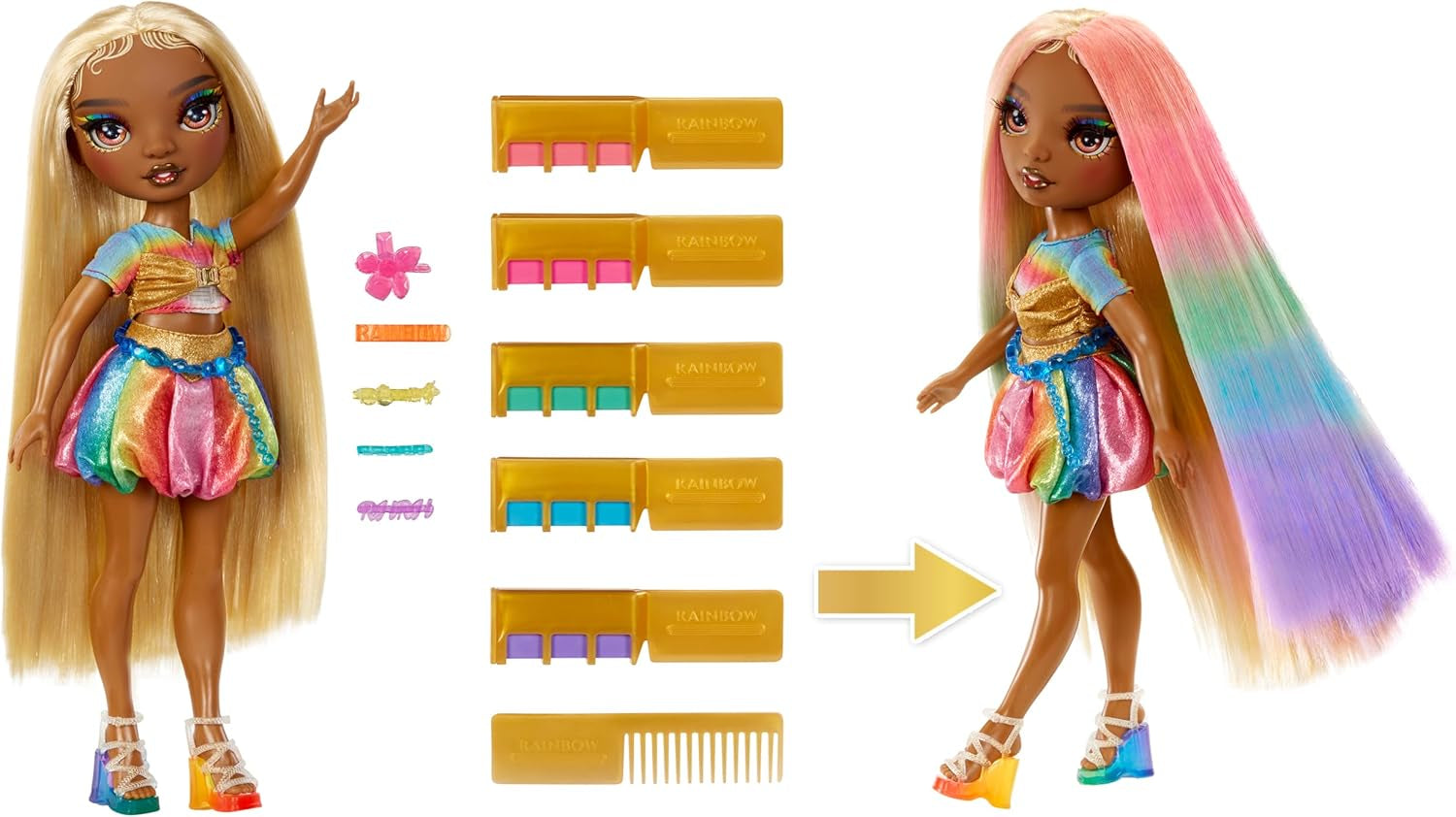 Lalka Rainbow High Hair Chalk & Styling - Meline - 28 cm tęczowa i złota zmywalna lalka kredowa do włosów, kolorowanie, stylizacja, zabawa, płukanie i powtarzanie, dla dzieci w wieku 4-12 lat