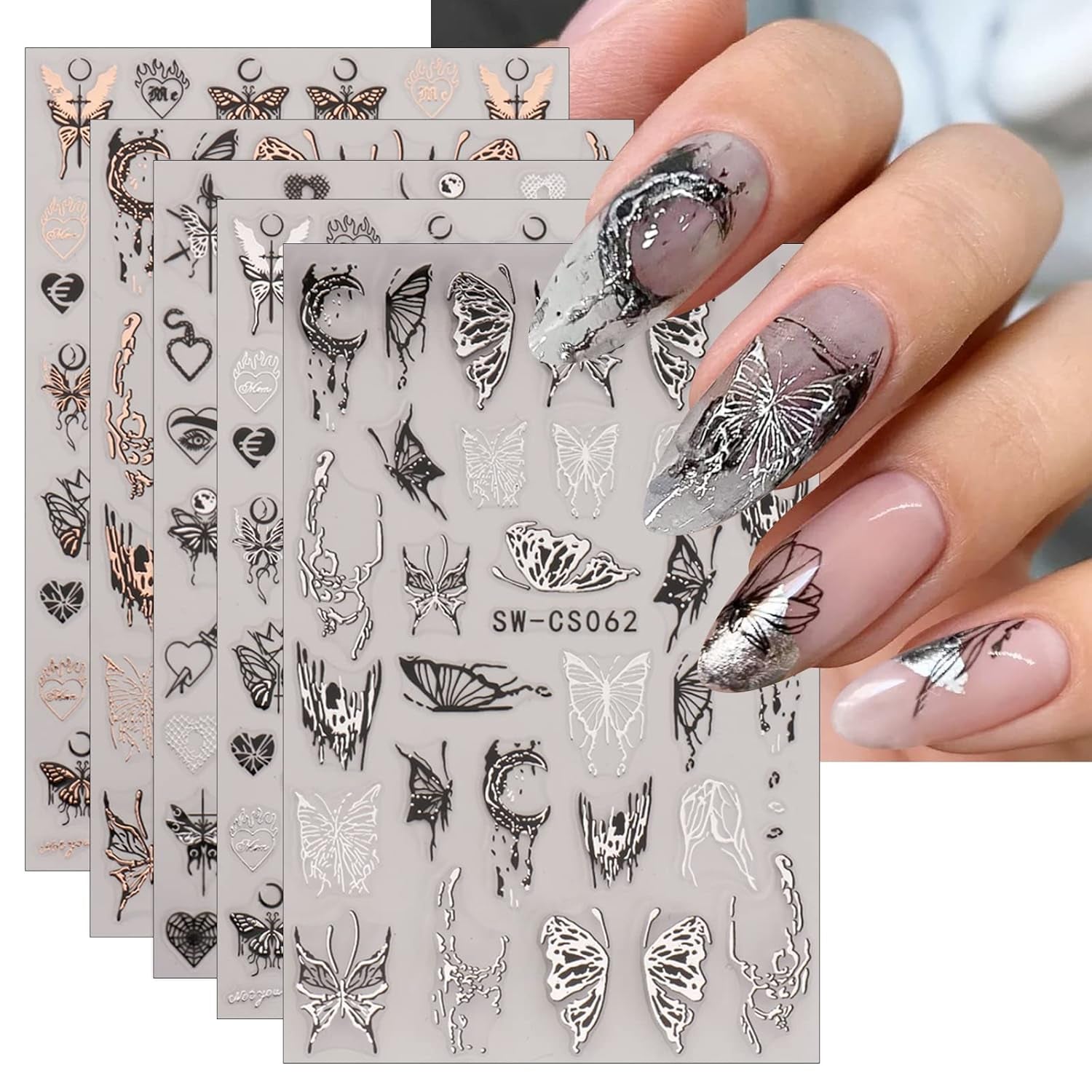 JMEOWIO Nagelsticker Schmetterling 9 Blatt Nail Art Naklejka Selbstklebend Nagelaufkleber Mond Dekoration Nageldesign Zubehör