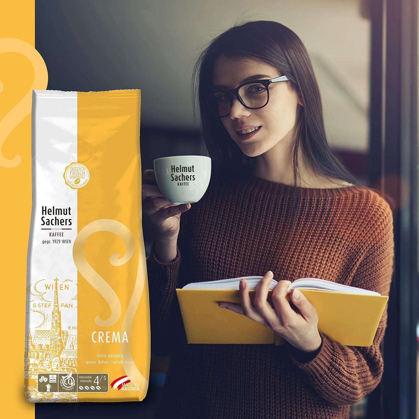 Kawa Helmut Sachers - Śmietanka, moc 4/5, 100% Arabica, całe ziarna kawy, 6 x 500g