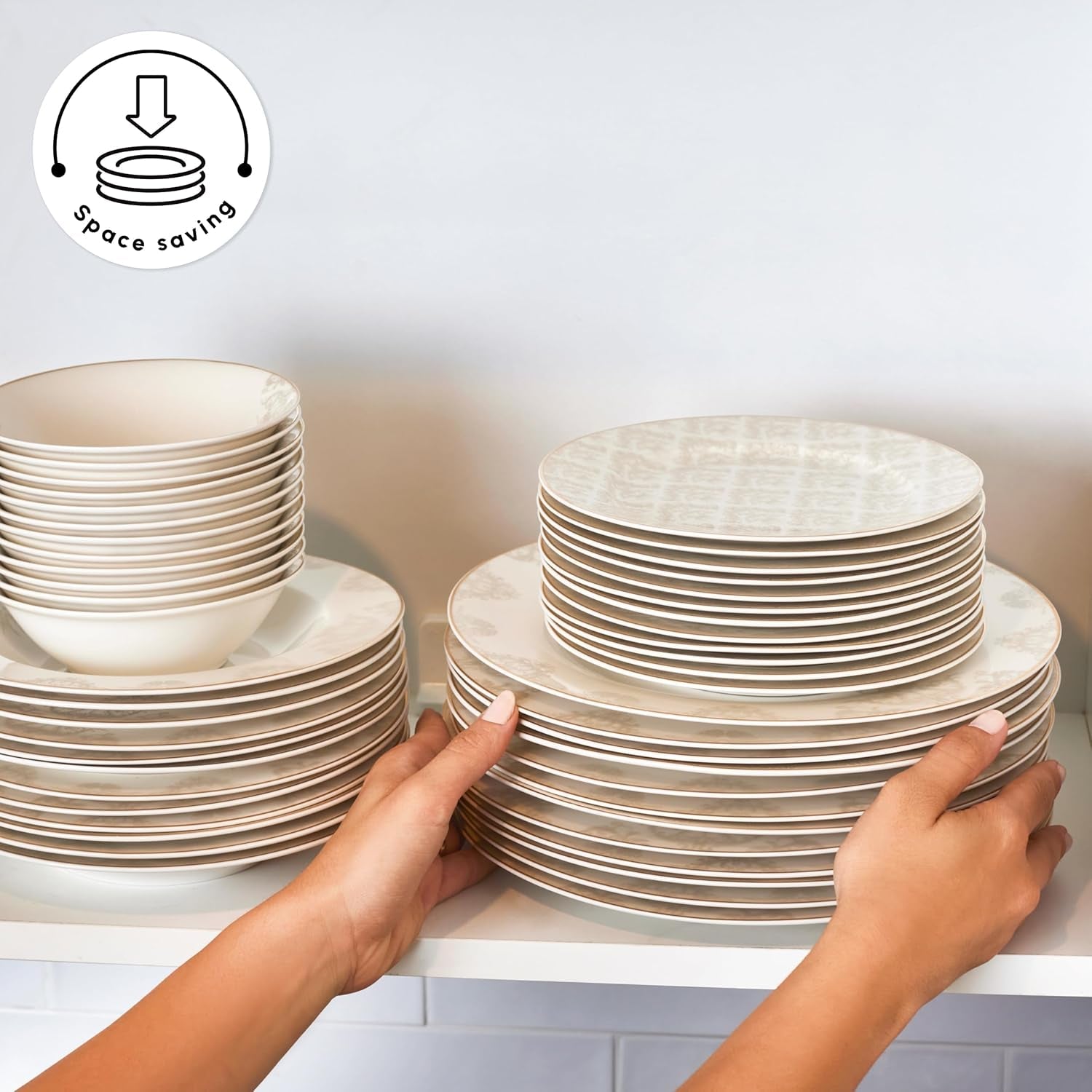 Zestaw naczyń obiadowych Karaca Elegance Bone Siena na 12 osób, nowoczesny zestaw naczyń porcelanowych, zestaw naczyń obiadowych z miskami na zupę, półmisek, talerze głębokie, talerze deserowe - białe i złote