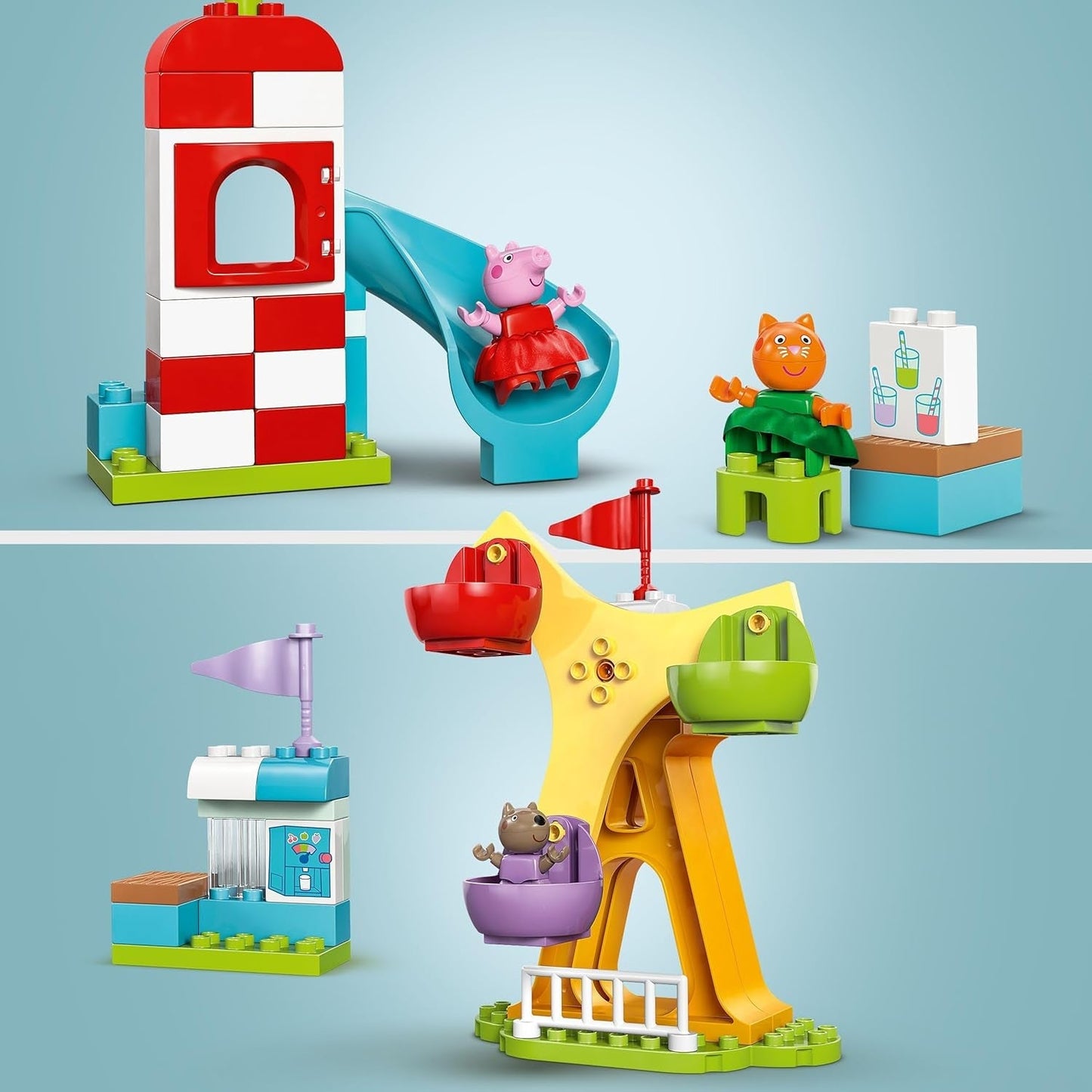 LEGO DUPLO Jarmark Peppa Wutza — Zabawki dla dzieci i zabawki motoryczne od 2. roku życia — Gry dla przedszkolaków z dużym kołem, zjeżdżalnią i 3 figurkami, w tym Mollie Kitty i Klausi Kläff — Prezent dla dzieci 10453 Zestawy do budowania Besuche den LEGO-Store