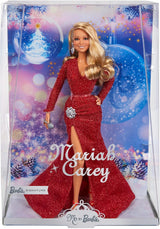 Barbie Mariah Carey - lalka kolekcjonerska z błyszczącą czerwoną sukienką, falbankami, rozcięciem, uroczymi lokami, srebrnymi dodatkami, czerwonymi szpilkami, tradycją bożonarodzeniową, dekoracją, HJX17
