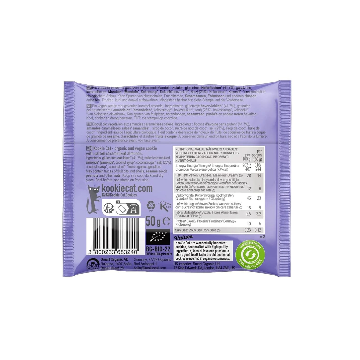 Wegańskie ciasteczka migdałowe ze słonym karmelem – pakowane pojedynczo, bezglutenowe, organiczne płatki owsiane migdałowe, bez soi – 12 x 50 g opakowanie zbiorcze (opakowanie 2 szt.)