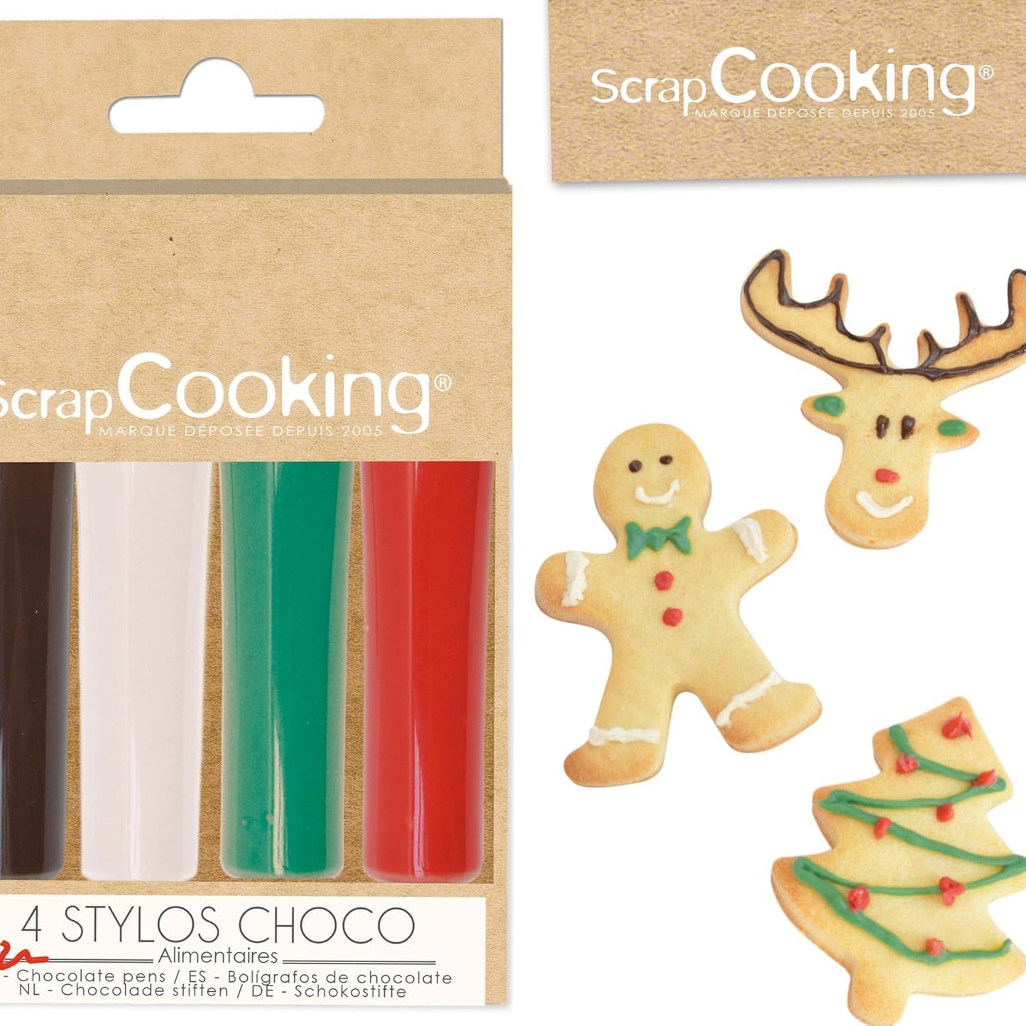 Scrapcooking - zestaw 4 świątecznych kredek czekoladowych - brązowy, biały, zielony i czerwony - jadalna kolorystyka - barwnik spożywczy do pisania - pisz i rysuj na deserach, ciastach i ciasteczkach - 7060