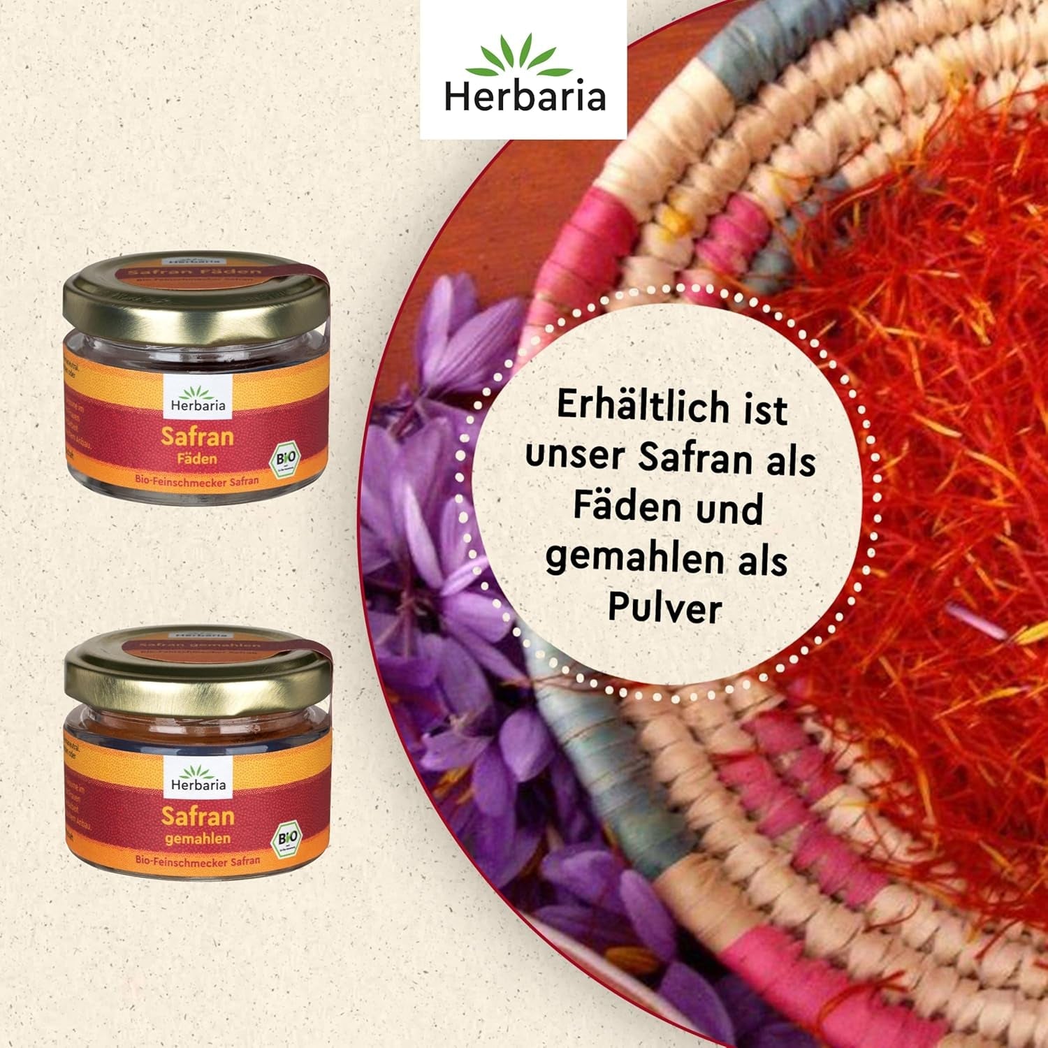 Herbaria Safran-Fäden bio 0,5g im Glas – Bio Saffron-Fäden aus dem bereicht Safran-Ort Taliouine in Marokko – Safranfäden in Premium Bio-Qualität – Saffron Premium - Safran premiera kategorii
