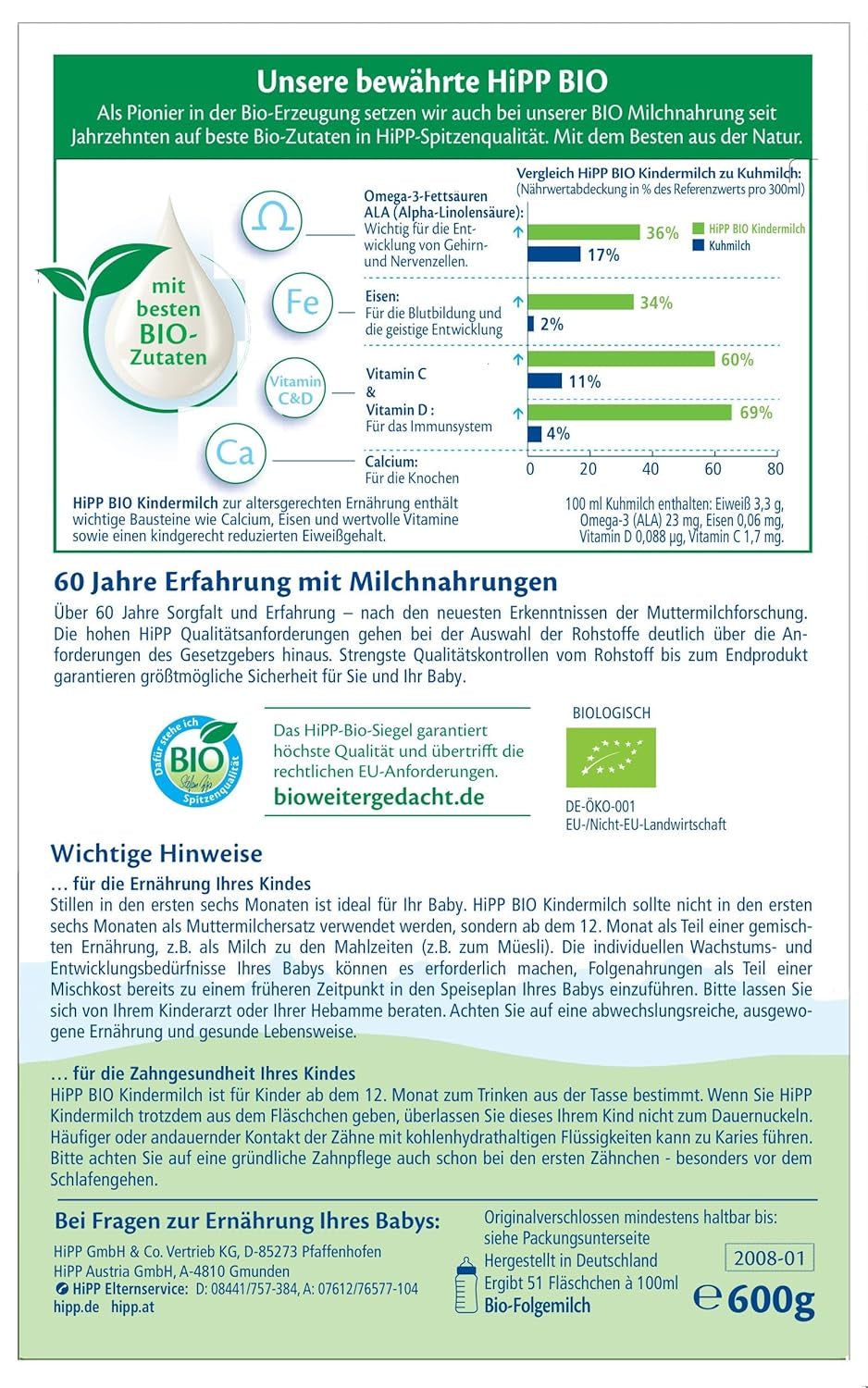 HiPP Organiczne mleko wzrostowe (4 x 600 g) po 12 miesiącach z wapniem, żelazem, witaminą C i D dla rosnących małych dzieci, najlepsza jakość organiczna