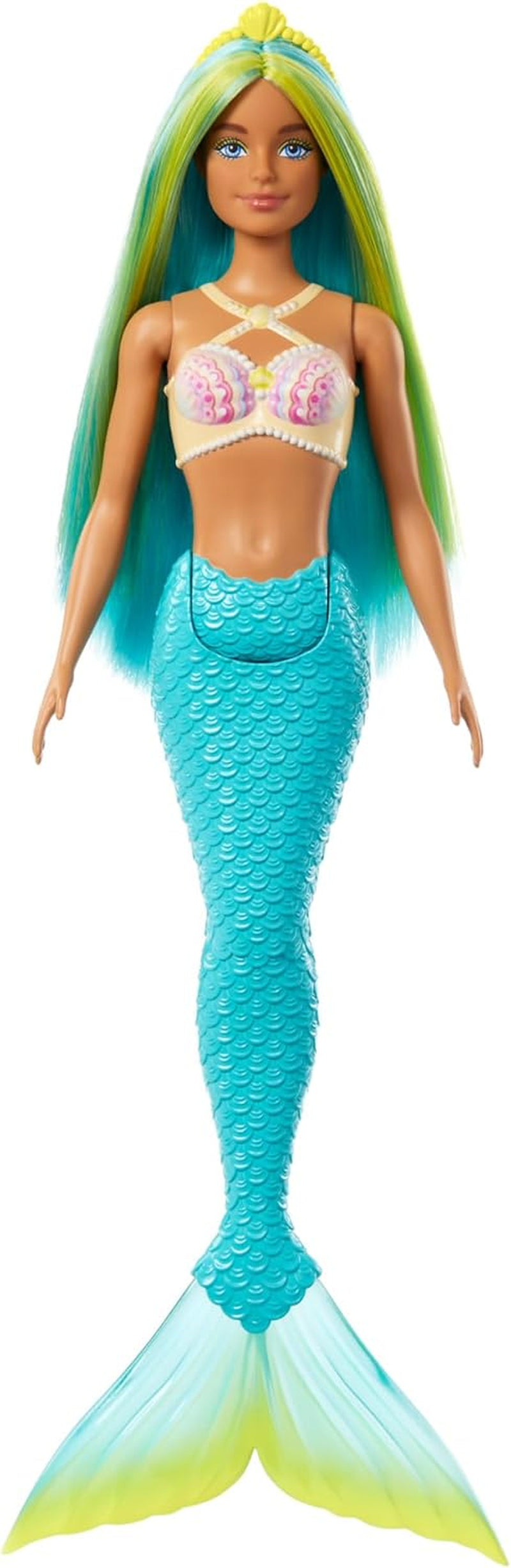 Lalka Barbie Syrenka z fantazyjnymi różowymi i liliowymi włosami, opaską na głowę, muszelkowym topem i lalką z lawendowo-niebieskim ogonem, HRR06 Naty Shop Dolls Syrenka z turkusową płetwą