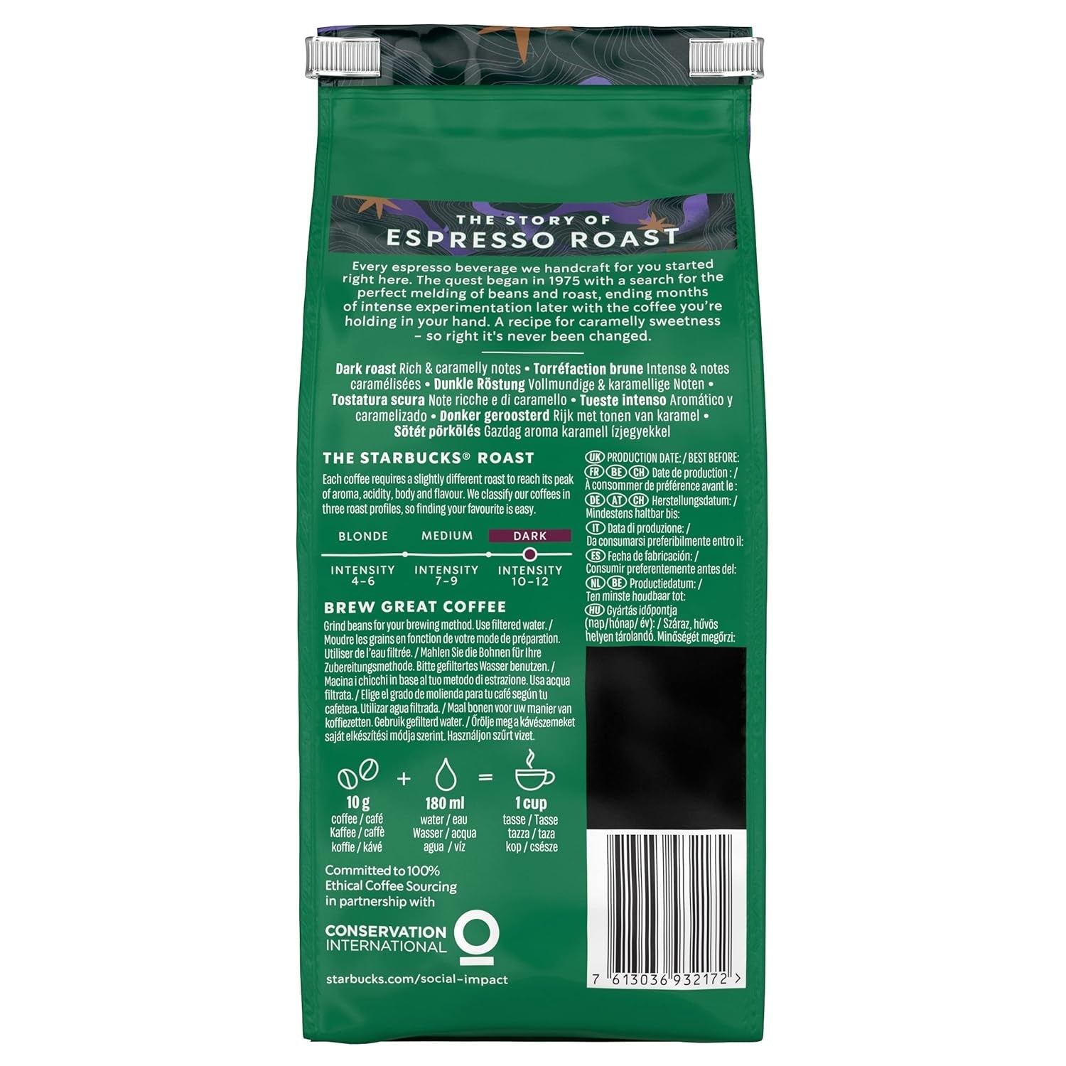 STARBUCKS kawa palona espresso, czarna palona, ​​całe ziarna kawy 200g (opakowanie 6 szt.)