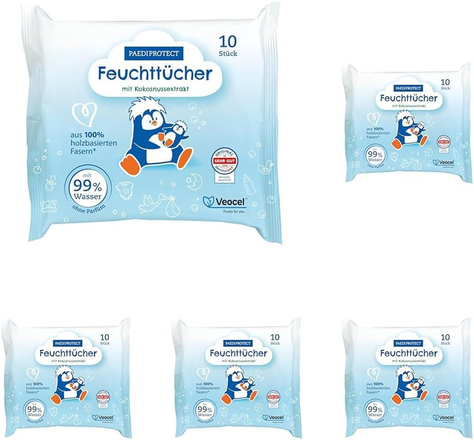 PAEDIPROTECT Chusteczki nawilżane dla dzieci 1 x 10 szt. Chusteczki nawilżane dla dzieci Sensitive Chusteczki nawilżane na bazie wody 99% wody Bezzapachowe Dla dzieci i dzieci Delikatna skóra Ekstrakt z kokosa Bez mikroplastików Wegańskie (5 szt.)