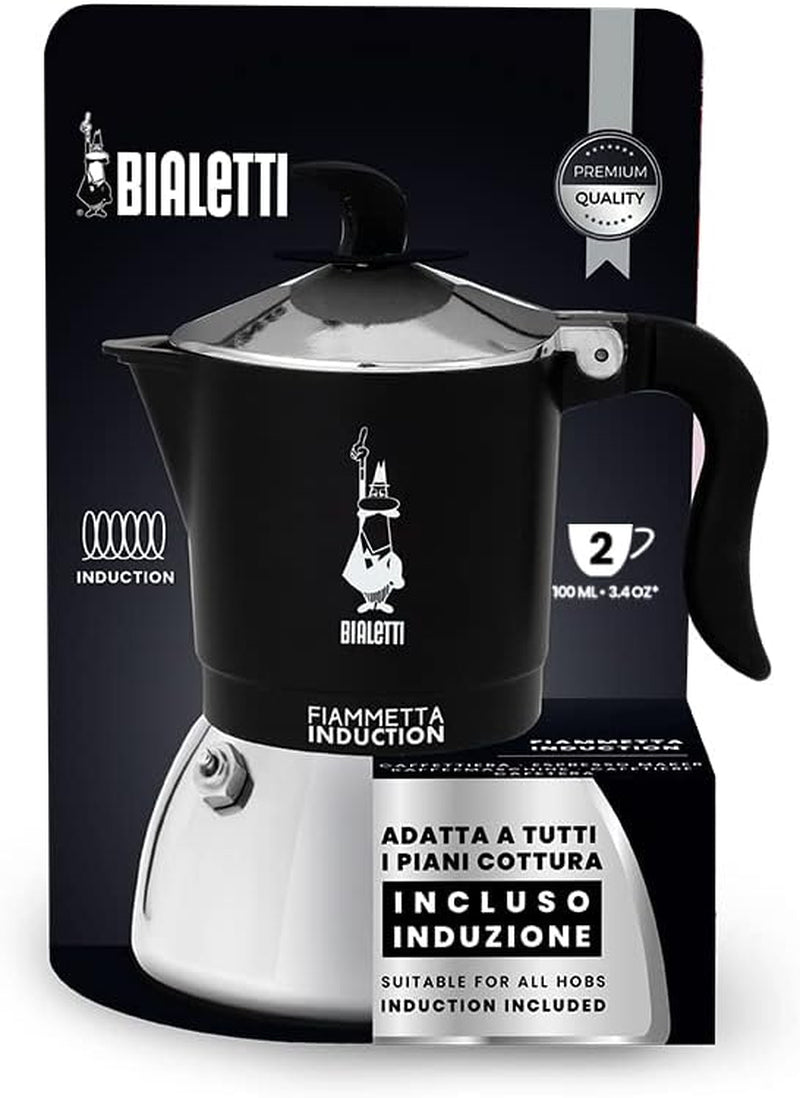 Indukcyjny ekspres do kawy Bialetti Fiammetta, 2 filiżanki (100 ml), odpowiedni do wszystkich rodzajów płyt grzewczych, elegancki wygląd, czarny