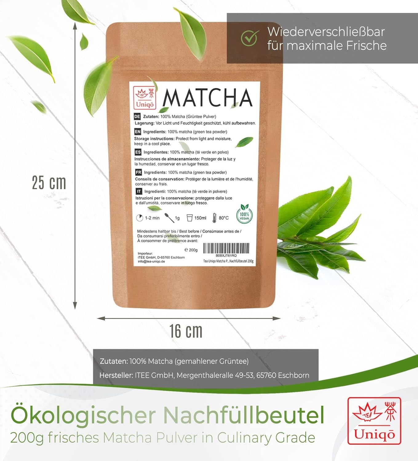 Herbata Uniqo Matcha w proszku 200 g w ekologicznym opakowaniu wielokrotnego napełniania