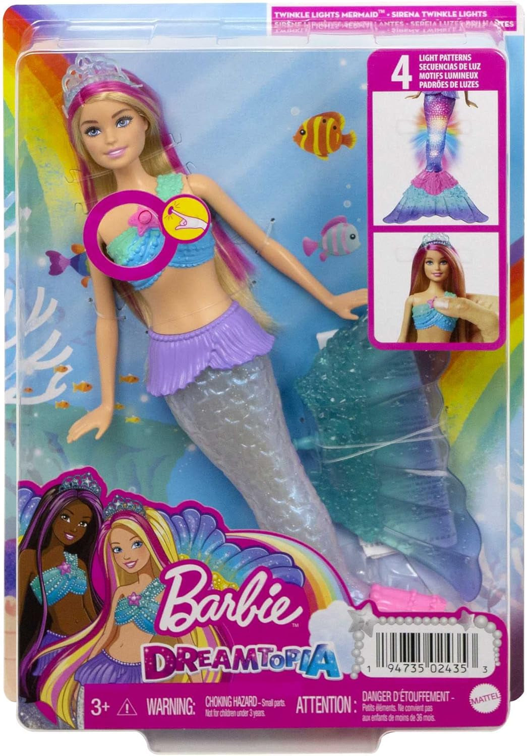 Barbie Dreamtopia Magiczna lekka lalka syrenka z blond włosami, lalka Barbie z ogonem syreny, odpowiednia jako prezent dla dzieci w wieku 3 lat i starszych, HDJ36
