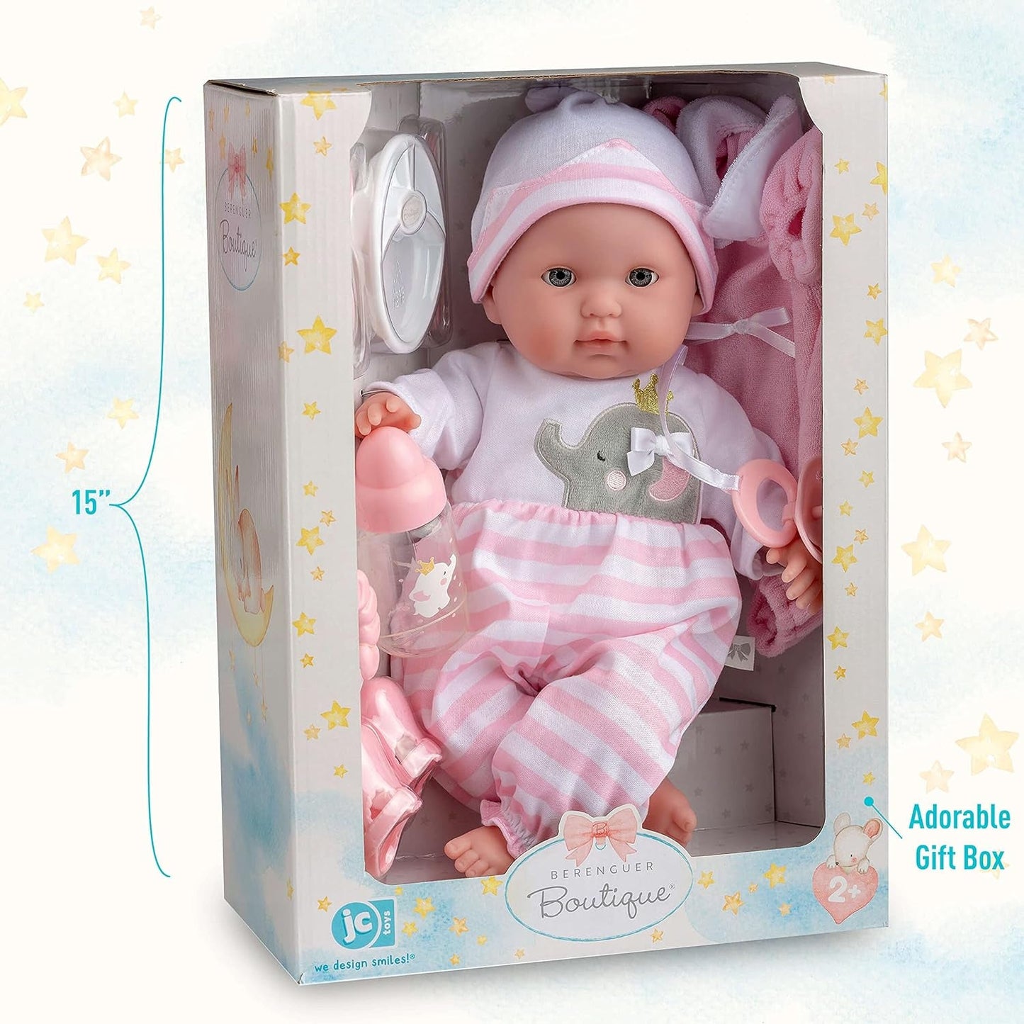 JC Toys - Berenguer Boutique 38 cm, miękka, realistyczna lalka z otwartymi/zamkniętymi ustami, 10-częściowy zestaw upominkowy, butelka dla dziecka, grzechotka, smoczek i akcesoria, różowy, wiek 2+