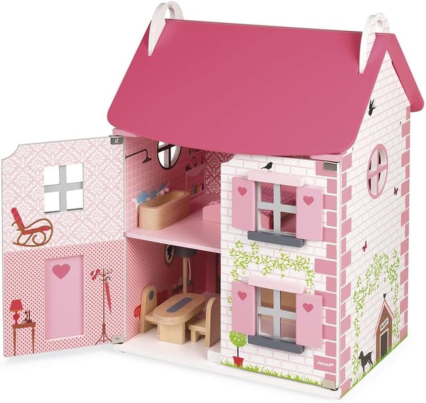 Janod - Drewniany domek dla lalek Mademoiselle, 3 piętra i 11 akcesoriów, replika zabawki, rozwija wyobraźnię, wiek powyżej 3 lat, J06581, różowe domki dla lalek Naty Shop