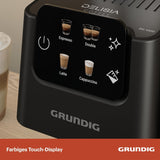 Ekspres do kawy z kolbą GRUNDIG KSM 5330 ze zintegrowanym pojemnikiem na mleko, moc 1628 W, ciśnienie pompy 15 bar, podwójna dysza, kolorowy wyświetlacz dotykowy, BrewSense, CreamyPro, Ciemna stal nierdzewna/Czarny