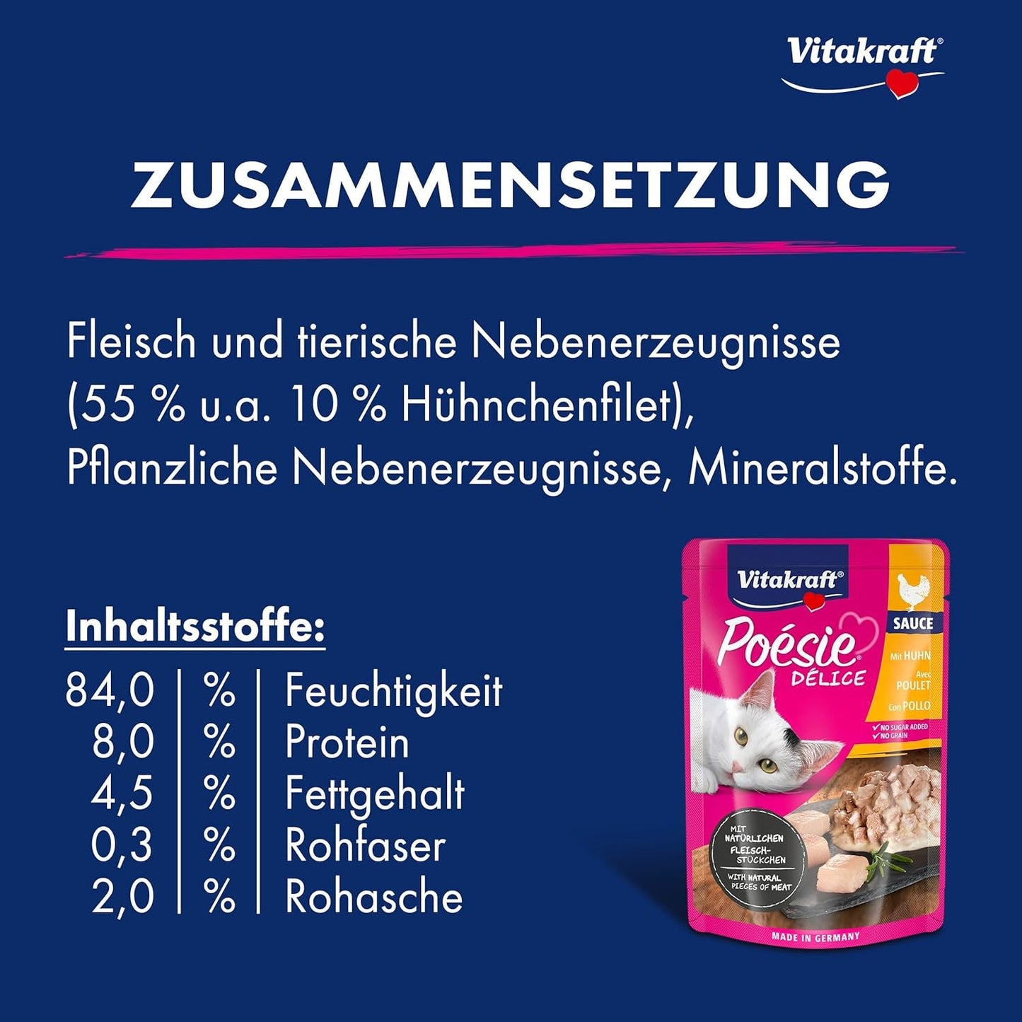 Vitakraft Poésie Délice, Nassfutter Katze, Katzennassfutter w sosie, z kurczakiem, Vorratspackung, ohne Zusatz von Zucker und Getreide (23x 85g)