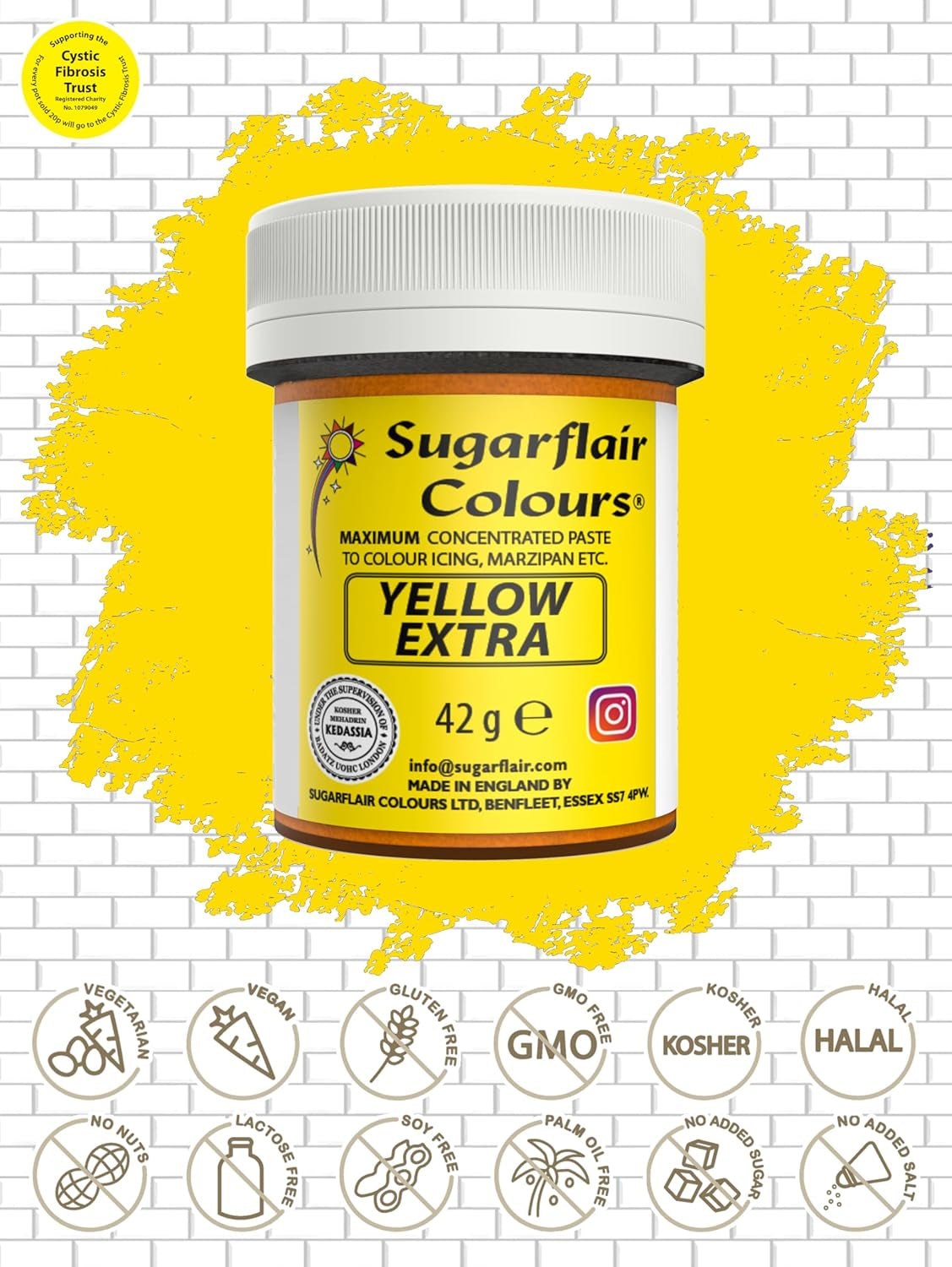 Barwnik spożywczy Sugarflair Max Concentrated Yellow Extra, silnie skoncentrowany barwnik spożywczy do marcepanu i fondantu, barwnik w paście Max Concentrate - 42 g