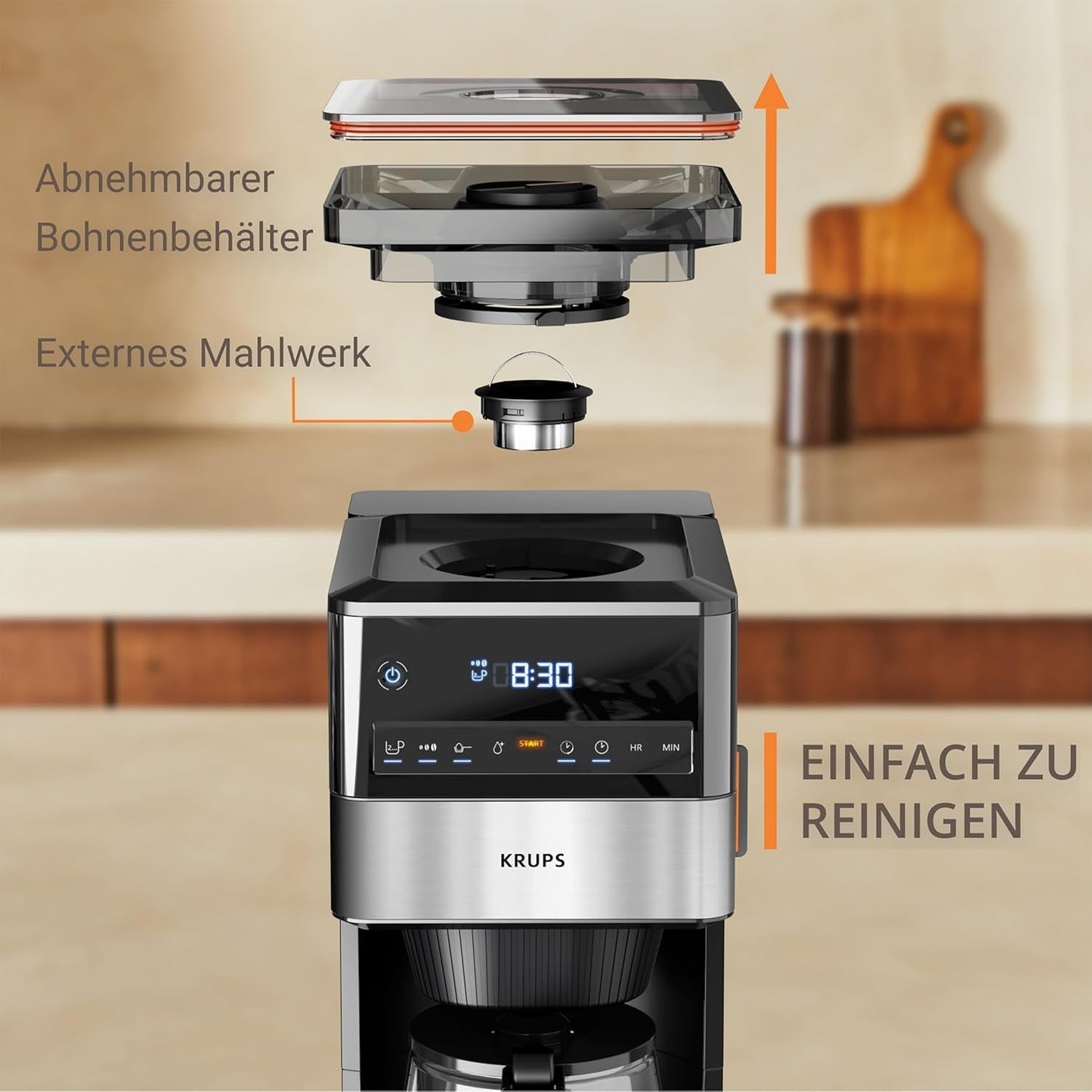 KRUPS Grind Aroma XL Ekspres do kawy, zdejmowany młynek stożkowy, cyfrowy panel sterowania, pojemność XL (1,5 l), funkcja utrzymywania ciepła, szklana karafka, czarny/stal nierdzewna, KM842810