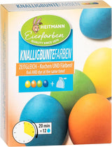Heitmann Egg Dyes Bright Colors - 4 butelki z barwnikiem do jaj (żółty, pomarańczowy, zielony, niebieski), 2 wzmacniacze koloru, 4 torebki z barwnikami, 4 klipsy