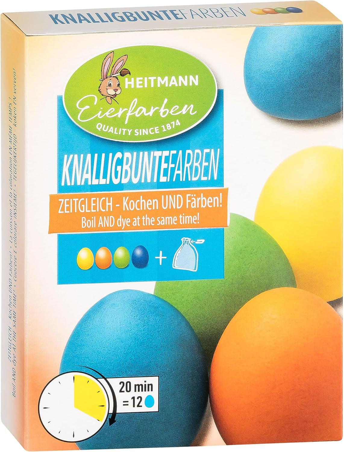 Heitmann Egg Dyes Bright Colors - 4 butelki z barwnikiem do jaj (żółty, pomarańczowy, zielony, niebieski), 2 wzmacniacze koloru, 4 torebki z barwnikami, 4 klipsy