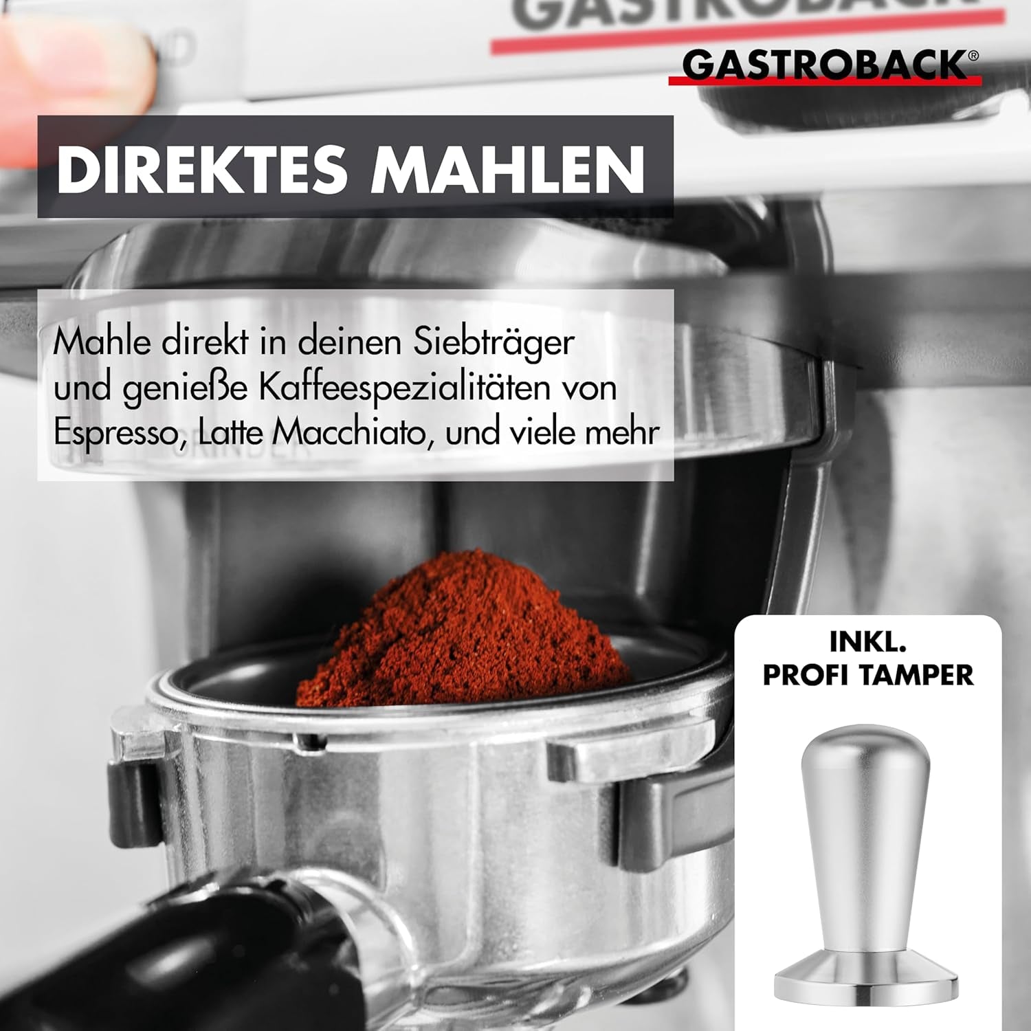 Ekspres do kawy GASTROBACK ze młynkiem, dzbankiem na mleko, dociskiem i kolbą ze stali nierdzewnej - Ekspres Barista ze spieniaczem do mleka - Ekspres do espresso z 30 stopniami mielenia