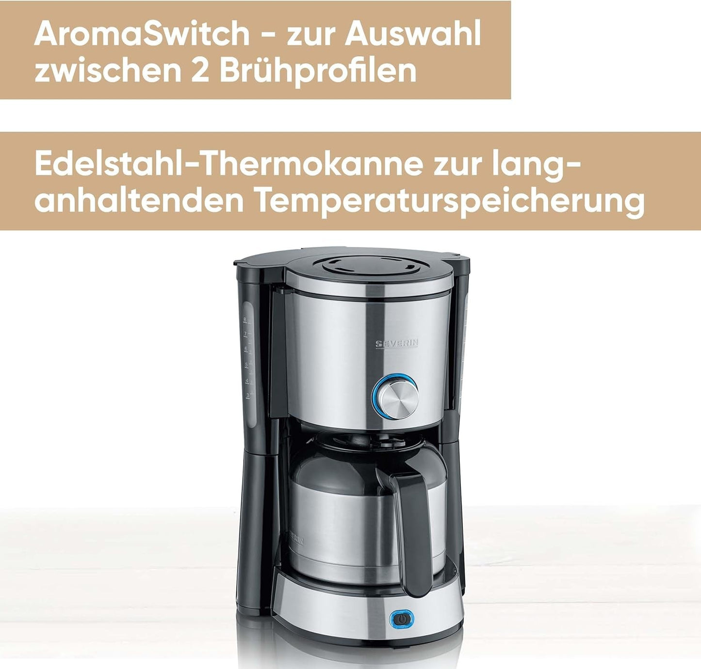 Ekspres SEVERIN „TypeSwitch” z karafką termiczną, AromaSwitch do wyboru pomiędzy 2 profilami parzenia, ekspres do kawy na 10 filiżanek, 1000W, stal nierdzewna szczotkowana-czarna, KA 4845