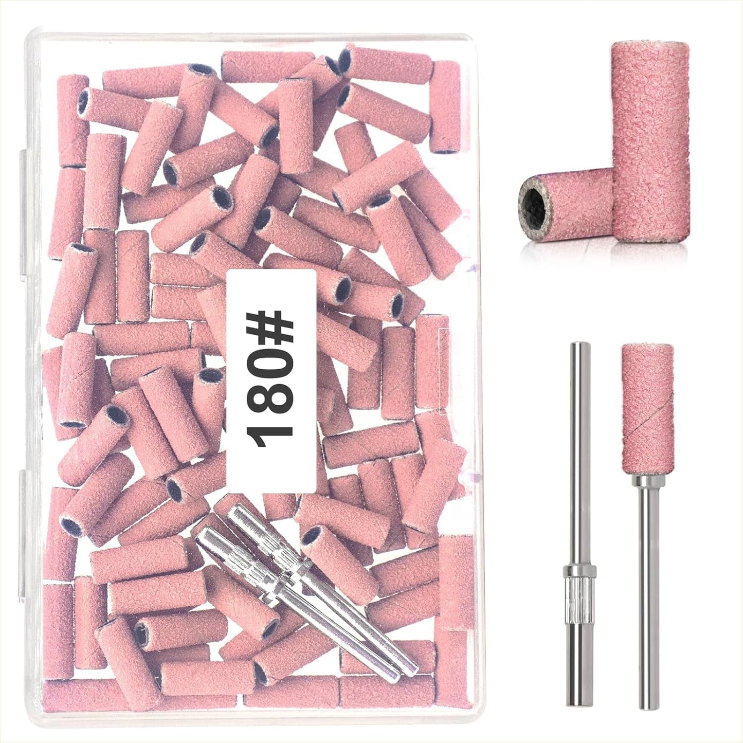 BLESWIN 100 szt. małych taśm szlifierskich do wierteł do paznokci, drobne ziarno 240 z 2 szt. wierteł 3 mm, mini taśmy szlifierskie do polerowania naturalnych paznokci i czyszczenia skórek do przygotowania, różowy