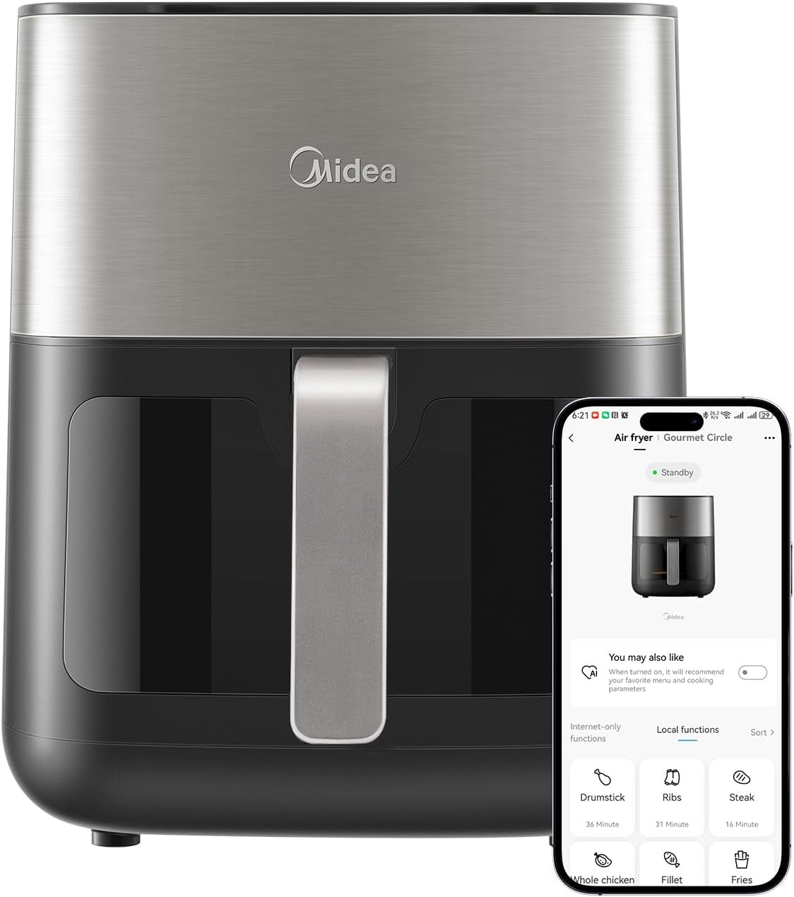 Midea Frytkownica na gorące powietrze 2L, 1150W Frytownica bezolejowa, Frytownica na gorące powietrze, Funkcja automatycznego wyłączania Sprzęt AGD Naty Shop 6L