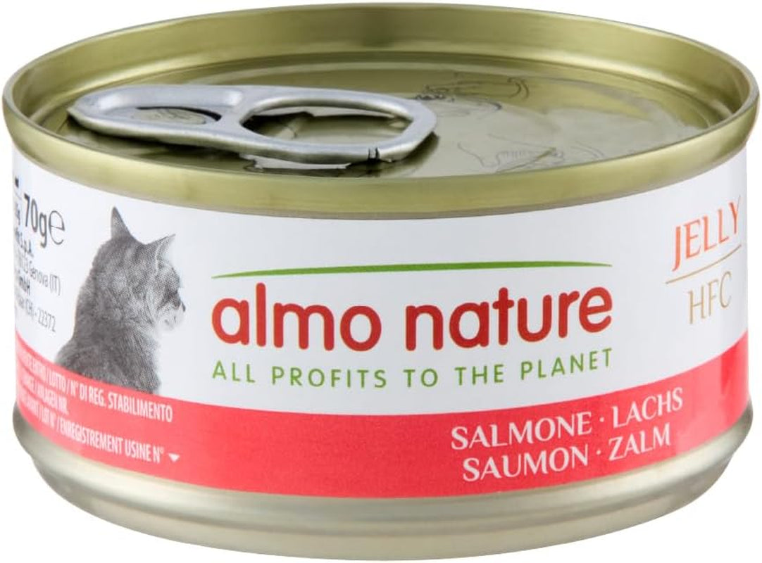 Almo Nature HFC Jelly - Nassfutter für ausgewachsene Katzen - Lachs - klasa ludzka, bezglutenowa i monoproteinowa - 6 x 70g