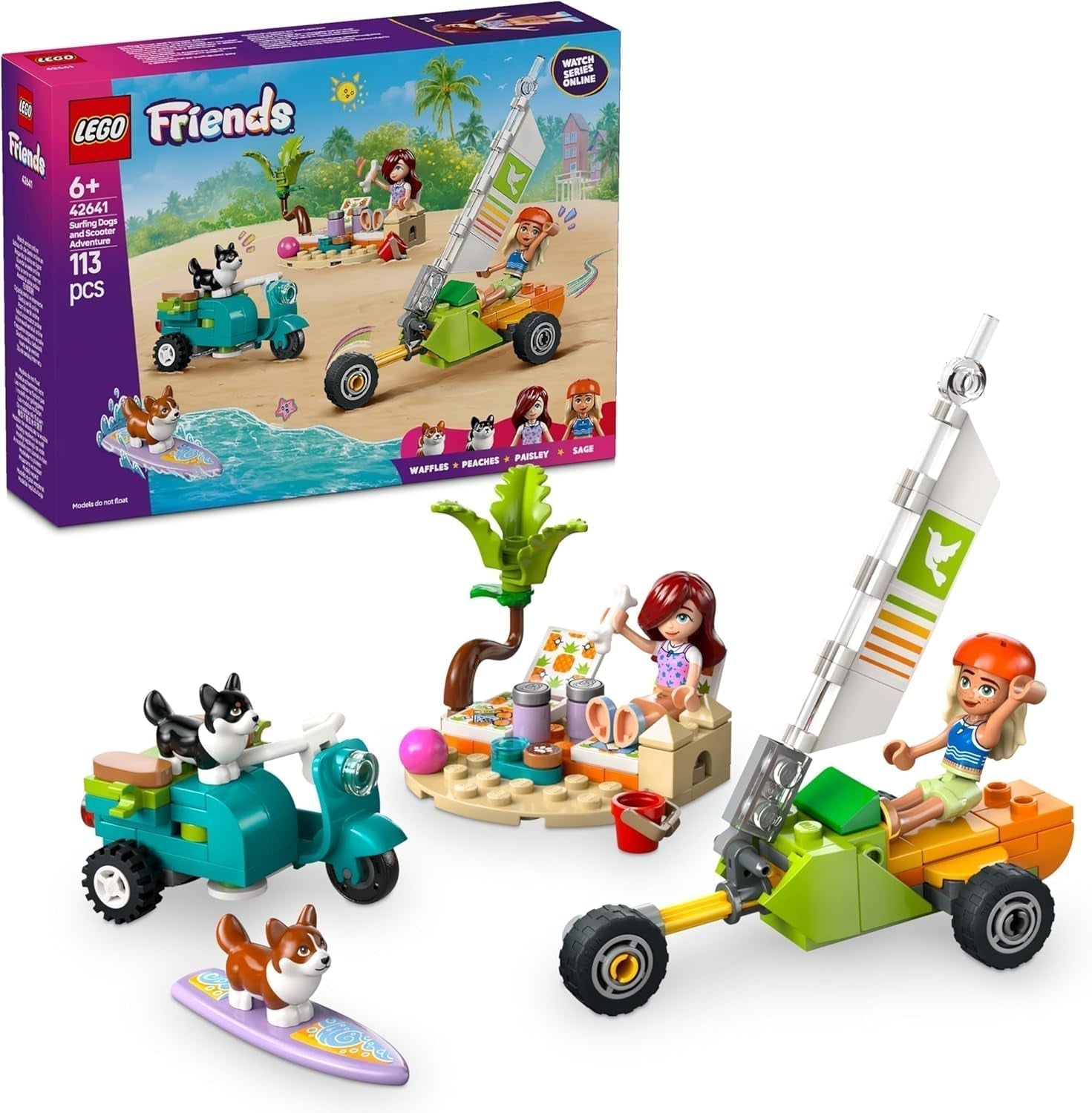 LEGO Friends Przygoda na plaży z psami, zabawka do budowania dla dziewczynek w wieku 6 lat, zestaw zwierząt z 2 minifigurkami i 2 figurkami corgi, prezent dla kreatywnych dzieci, zestaw do budowania przygodowego z deską surfingową 42641 Zestawy do budowania Besuche den LEGO-Store Default Title