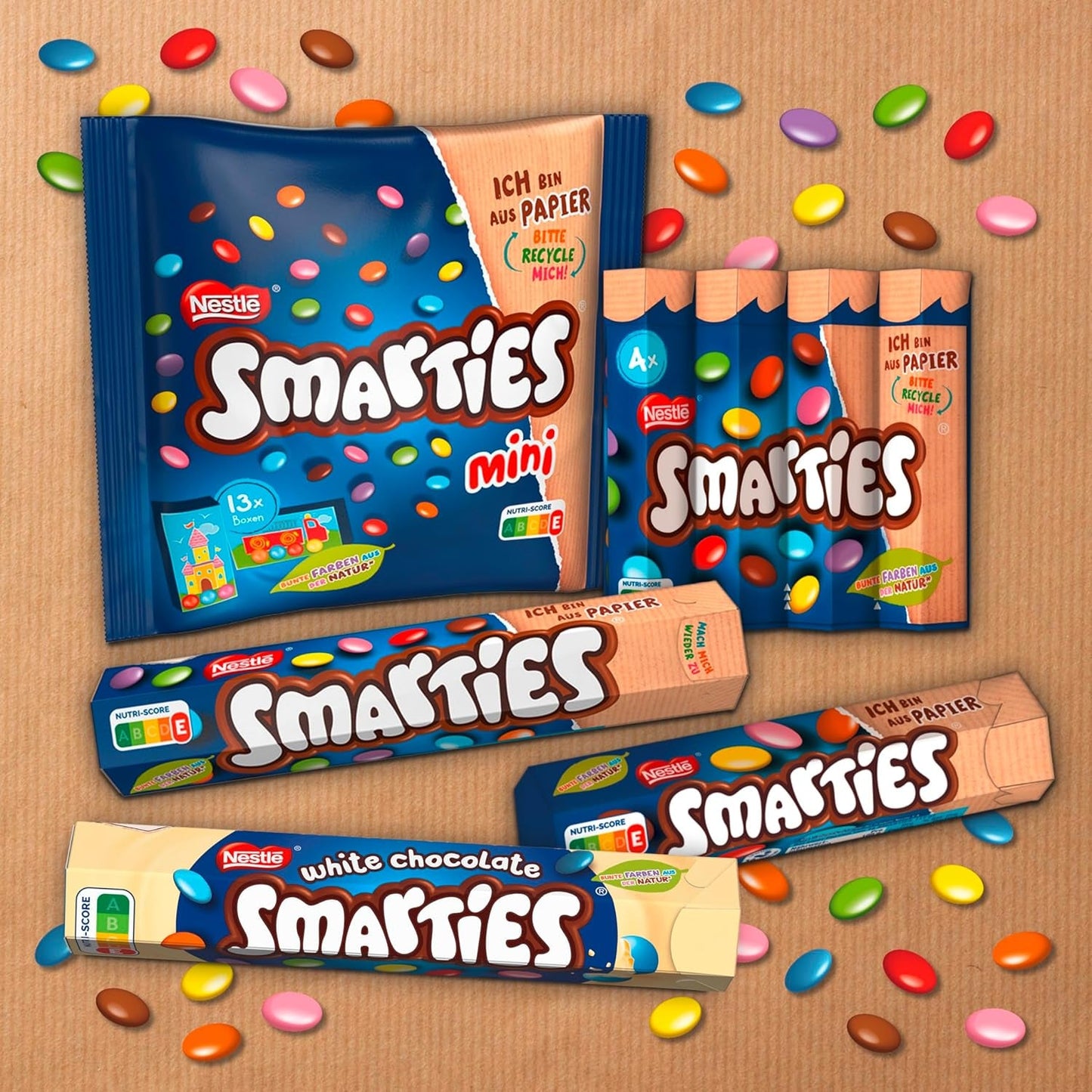 Opakowanie zbiorcze Nestlé SMARTIES, mała bułka, soczewica w kolorze czekoladowym, idealna na urodziny dzieci, naturalne kolory, sześciokątna bułka, opakowanie 12 szt. (12x (4 x 34g))