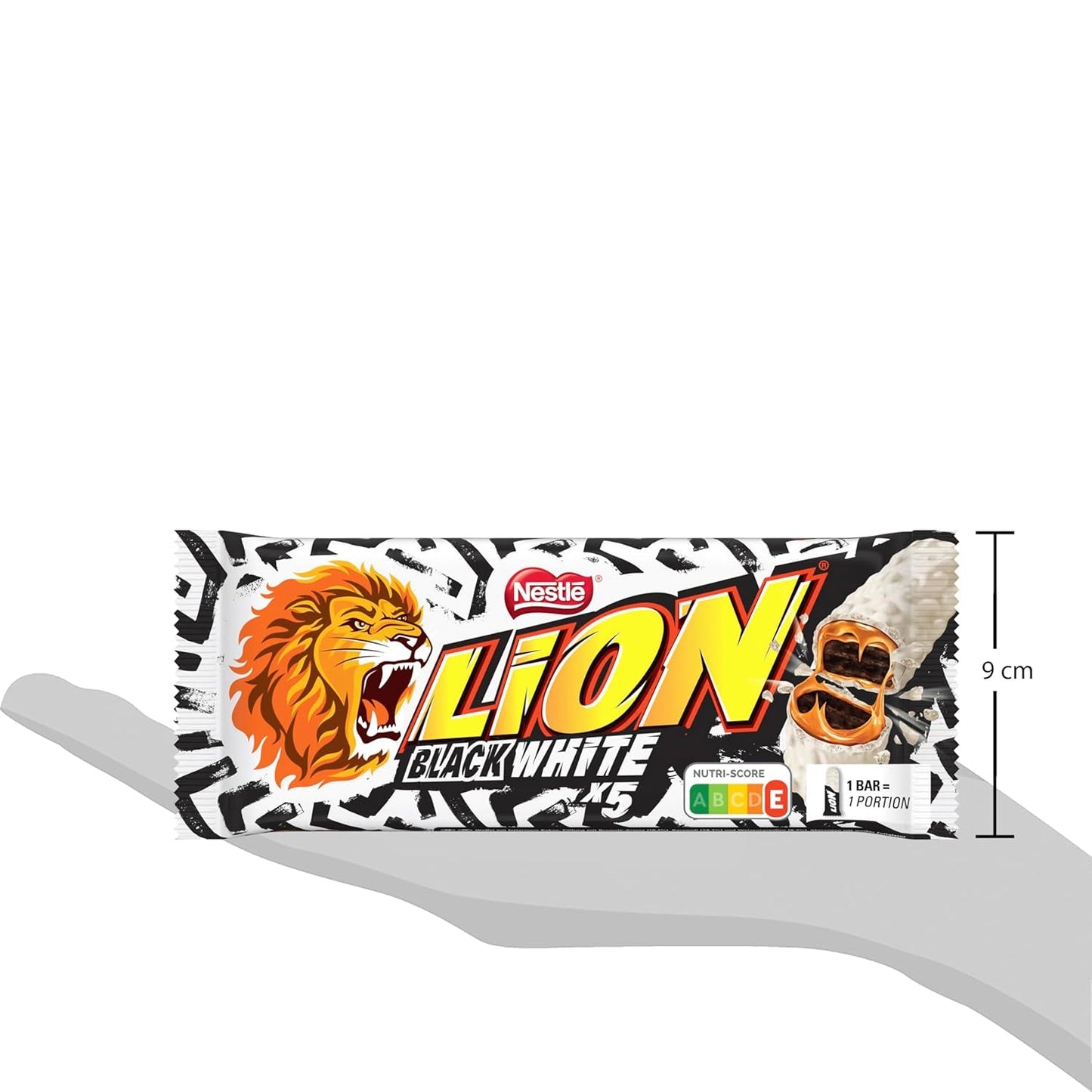 Baton czekoladowy LION Black & White, przekąska o intensywnym smaku, chrupiąca czekolada i chrupiące chipsy, nadzienie brownie, wyjątkowe doznanie rozpływające się w ustach, 1 opakowanie (5 x 30g)