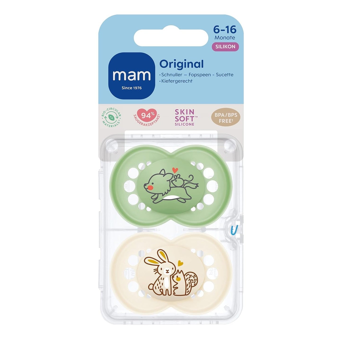 MAM Original smoczki, 2 sztuki, przyjazne dla zębów smoczki dla niemowląt, wykonane z materiałów zrównoważonych i bioregenerowalnych, smoczki silikonowe MAM SkinSoft, z pudełkiem na smoczek, 6-16 miesięcy, wilk/królik
