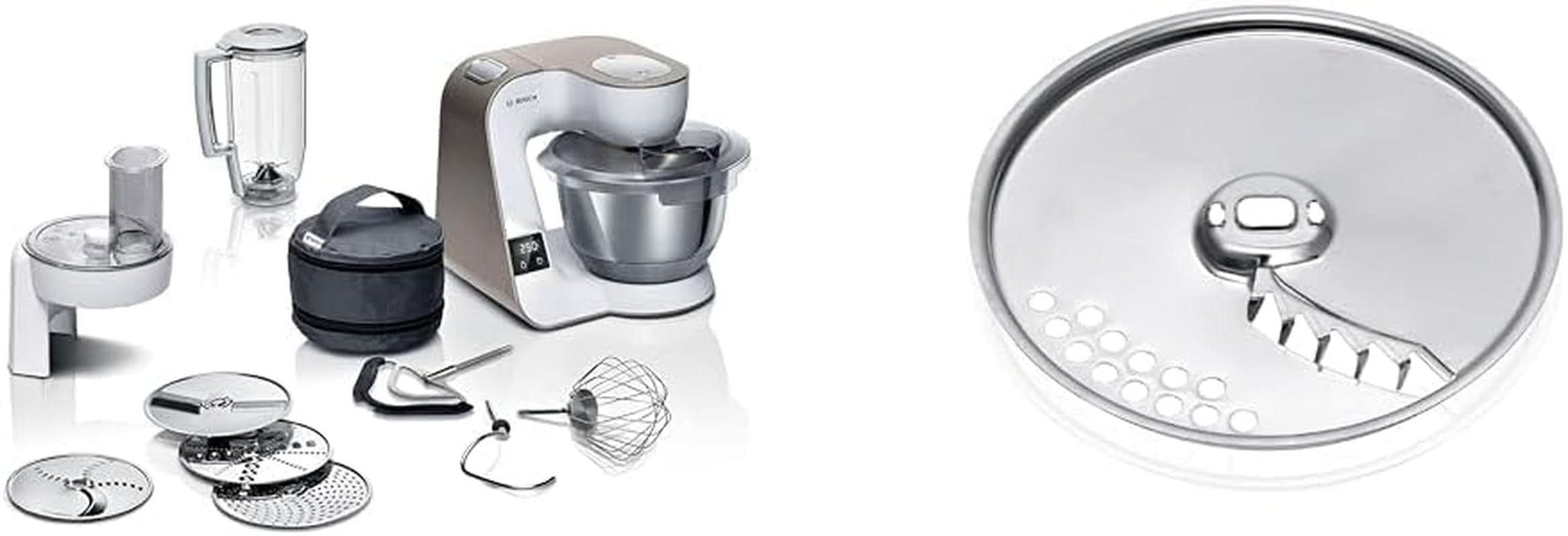 Robot kuchenny Bosch Series 4 MUM5X720, zintegrowana waga, miska ze stali nierdzewnej 3,9 l, mikser 1,25 l, 1000 W Akcesoria Żywność i karmienie piersią Bebe Naty Shop Zestaw dysków Champagne White 2 akcesoria