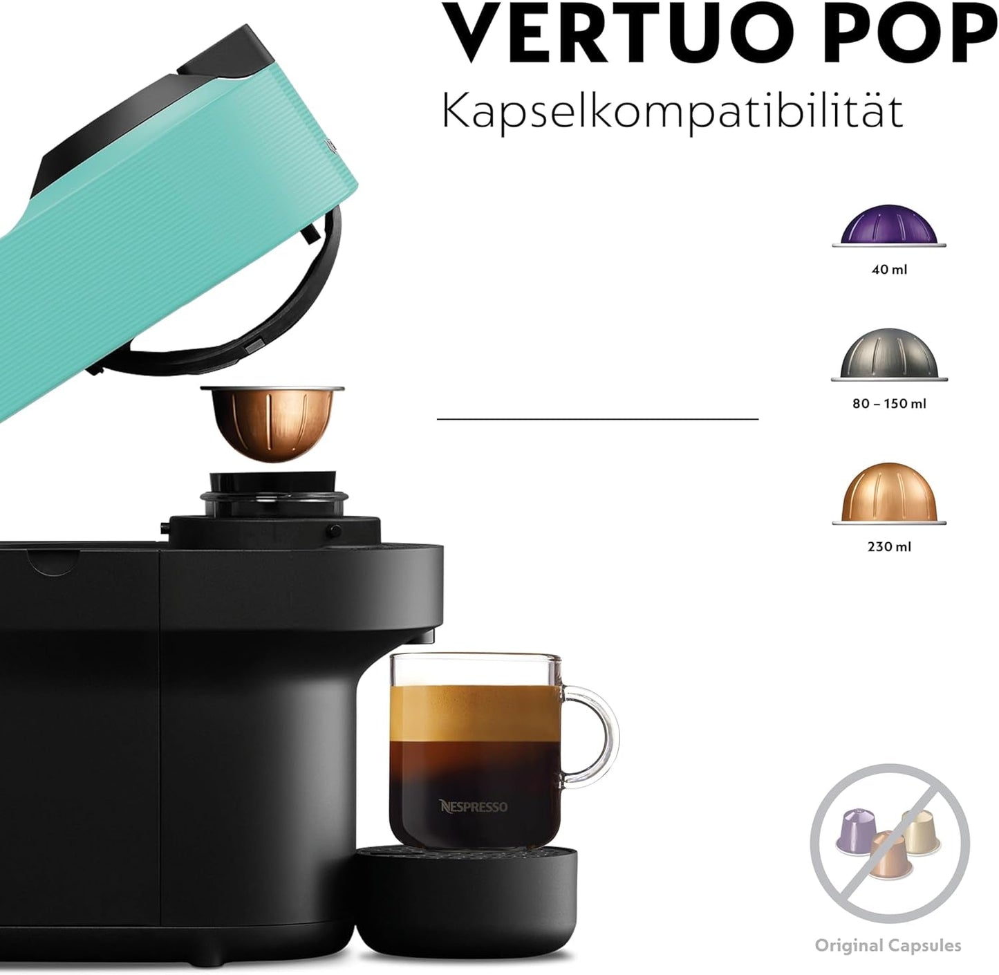 Ekspres do kawy z kapsułkami Nespresso Krups Vertuo Pop, pojemność: 560 ml, automatyczne rozpoznawanie kapsułek, system one-touch, 4 rozmiary filiżanek, skrócony czas podgrzewania, zrównoważony, Aqua Mint, XN9204