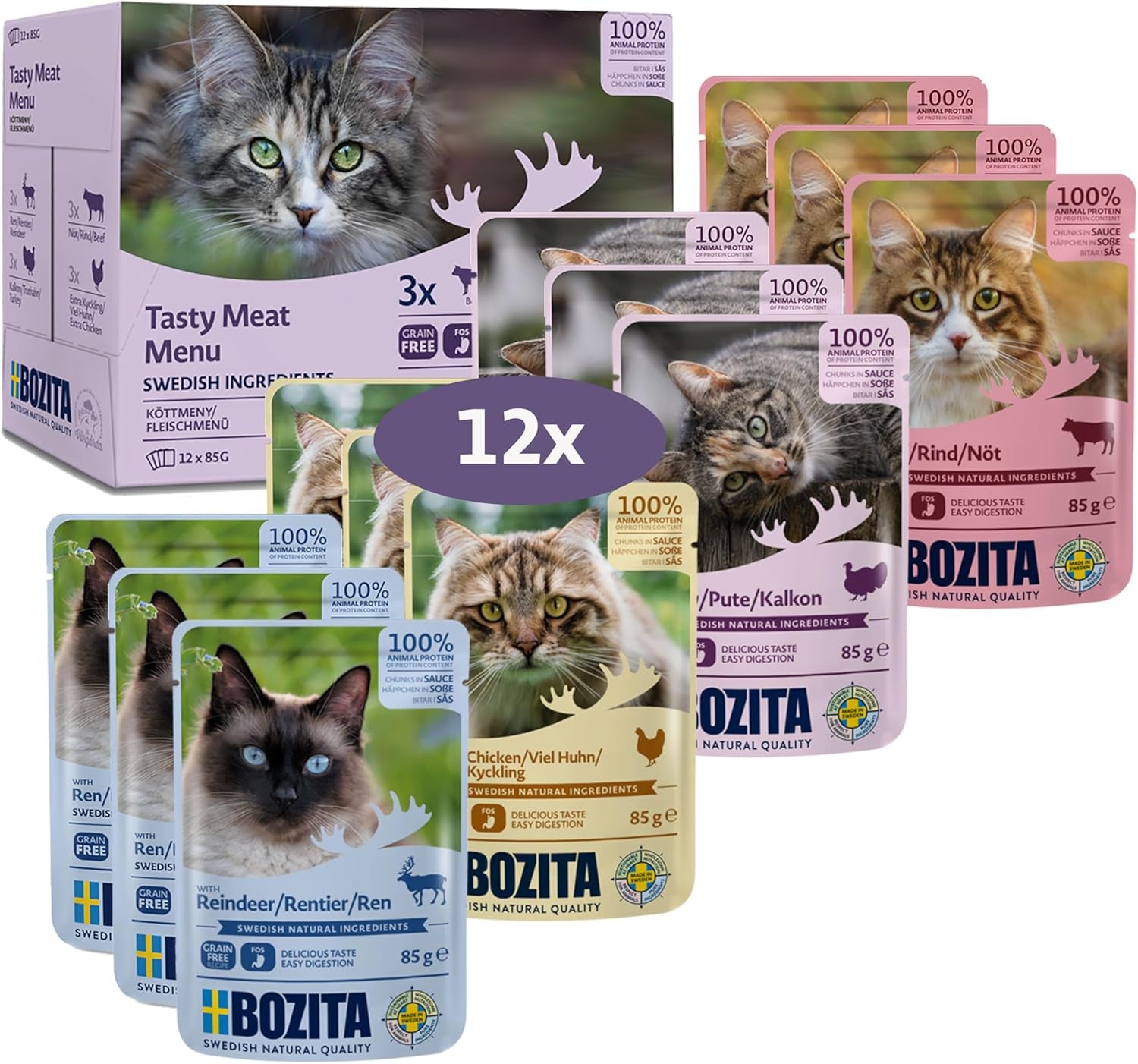 Bozita Mokra karma dla kotów w sosie mięsnym - 12 saszetek x 85g Mokra karma dla kotów bez zbóż i pszenicy - Mokra karma dla dorosłych kotów o zawartości białka 8,5% i tłuszczu 4,5%