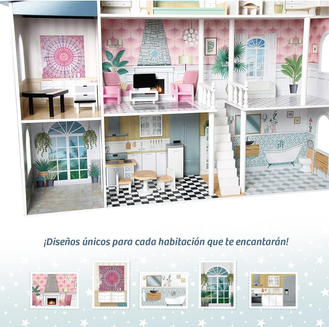 Deqube 913D00016 Drewniany domek dla lalek, 4 piętra, Premium