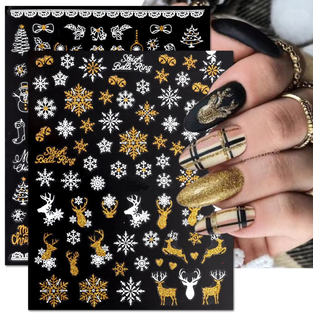 JMEOWIO Nagelsticker Weihnachten 9 Blatt Nail Art Naklejka Selbstklebend Nagelaufkleber Schneeflocke Schneemann Festival Weißes Gold Dekoration Nageldesign Zubehör