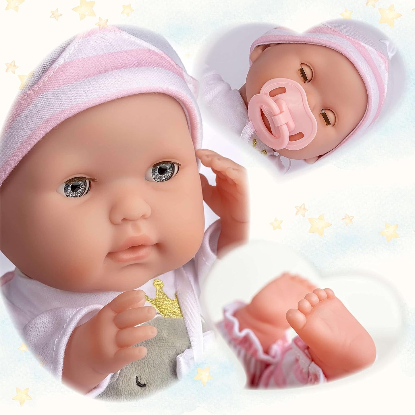 JC Toys - Berenguer Boutique 38 cm, miękka, realistyczna lalka z otwartymi/zamkniętymi ustami, 10-częściowy zestaw upominkowy, butelka dla dziecka, grzechotka, smoczek i akcesoria, różowy, wiek 2+