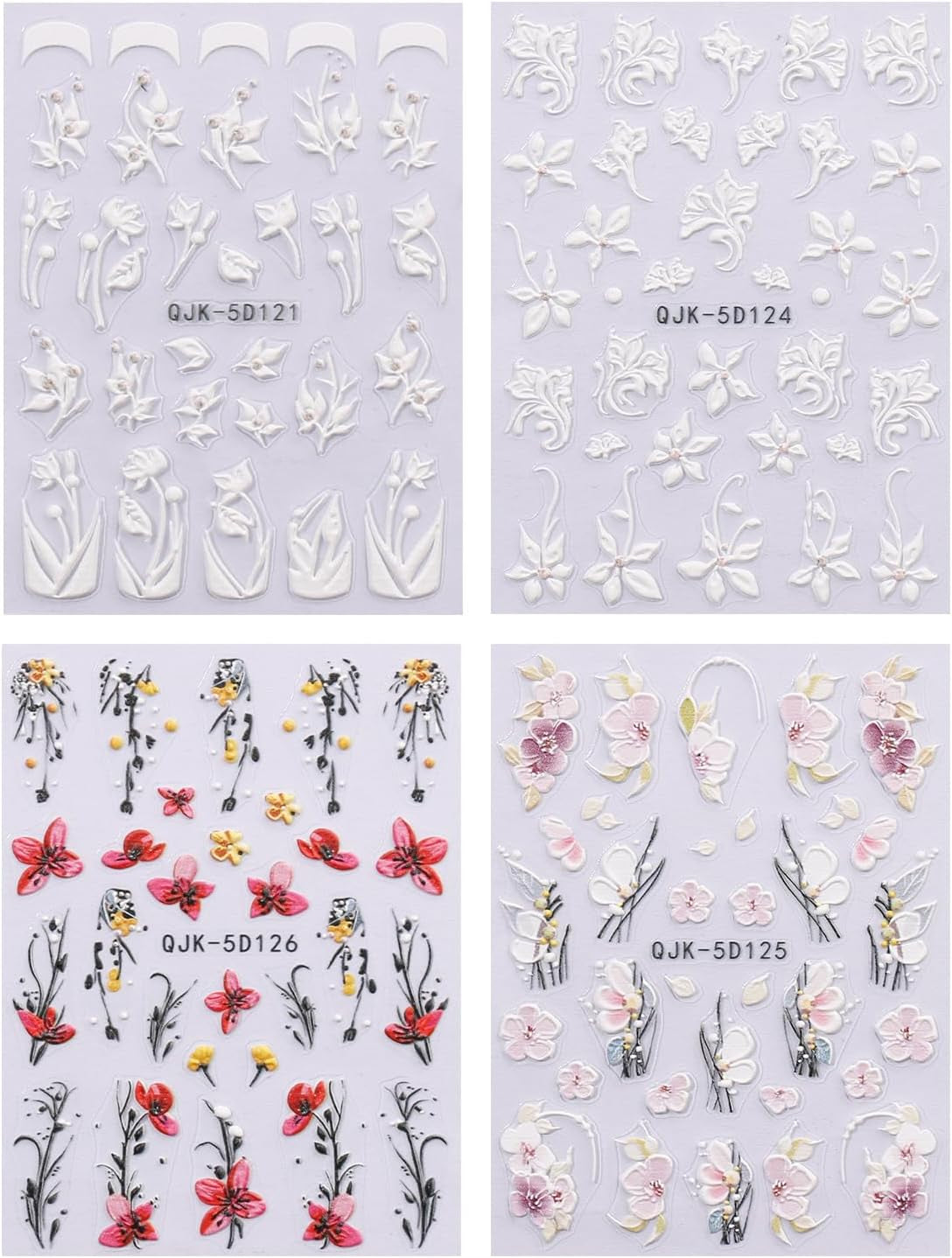 JMEOWIO 3D Nagelsticker Blumen Nail Art Naklejka Selbstklebend Nagelaufkleber 5D Stereoskopisch Frühling Sommer Dekoration Nageldesign Zubehör 4 Blatt