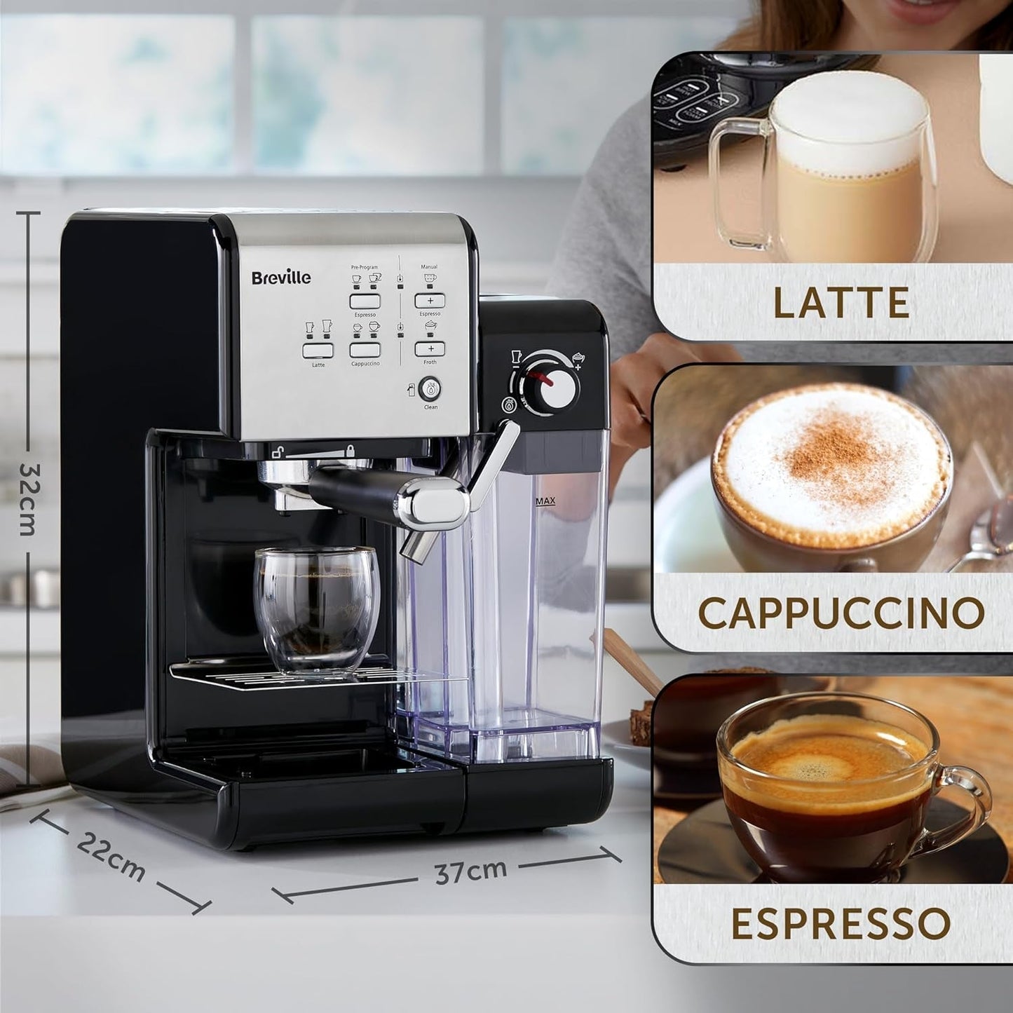 Espresso Breville Prima Latte II | Ekspres do latte i cappuccino | Profesjonalna pompka z 15 barami i spieniaczem do mleka | Srebrny [VCF108X]