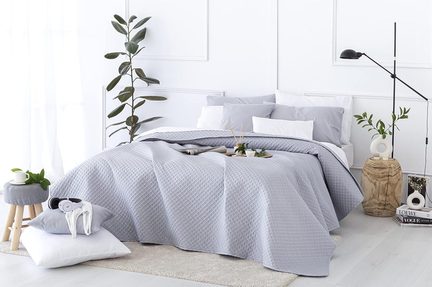 Todocama Fine Boutique narzuta ze wzorem piqué, na wiosnę, lato, jesień i zimę, 100% super miękka mikrofibra, wielofunkcyjny koc, 140/150/160-250 X 260 cm, jasnoszary Łóżka i koce Beuche den Todocama-Store