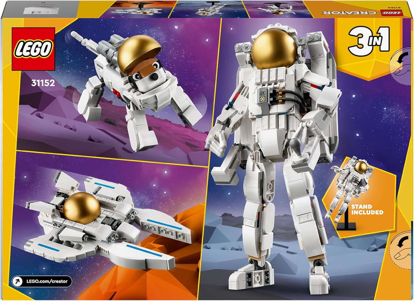 LEGO Creator 3 w 1 zabawka astronauta kosmiczna, model psa i statku kosmicznego dla dzieci, dekoracje do przedszkola, kreatywny prezent dla chłopców i dziewcząt w wieku 9 lat 31152 Zestawy do budowania Besuche w sklepie LEGO