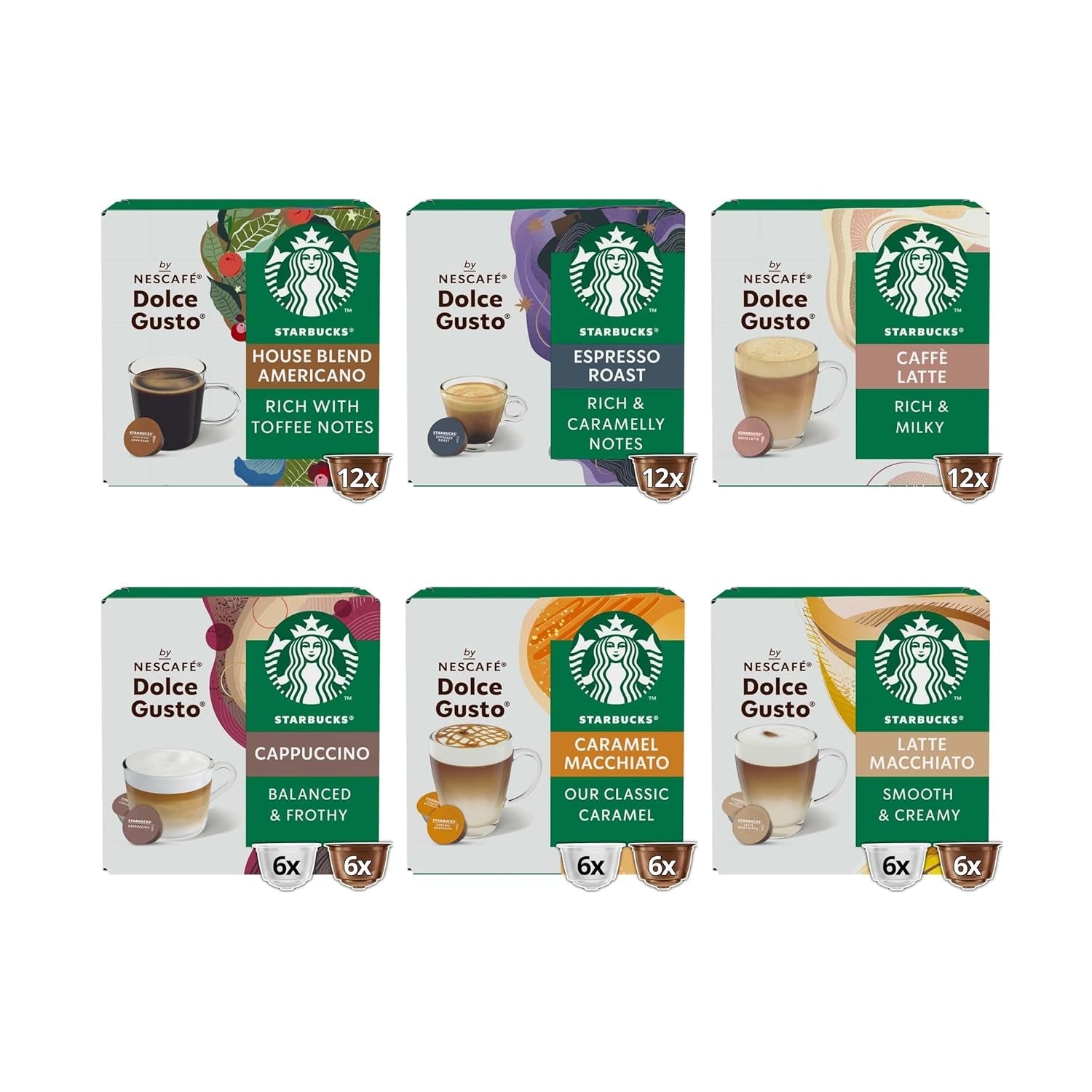 STARBUCKS Probierset, zestaw mieszanych kubków marki Nescafé Dolce Gusto Kaffeekapseln 6 x 12 (72 Kapseln) - Exklusiv w Amazon