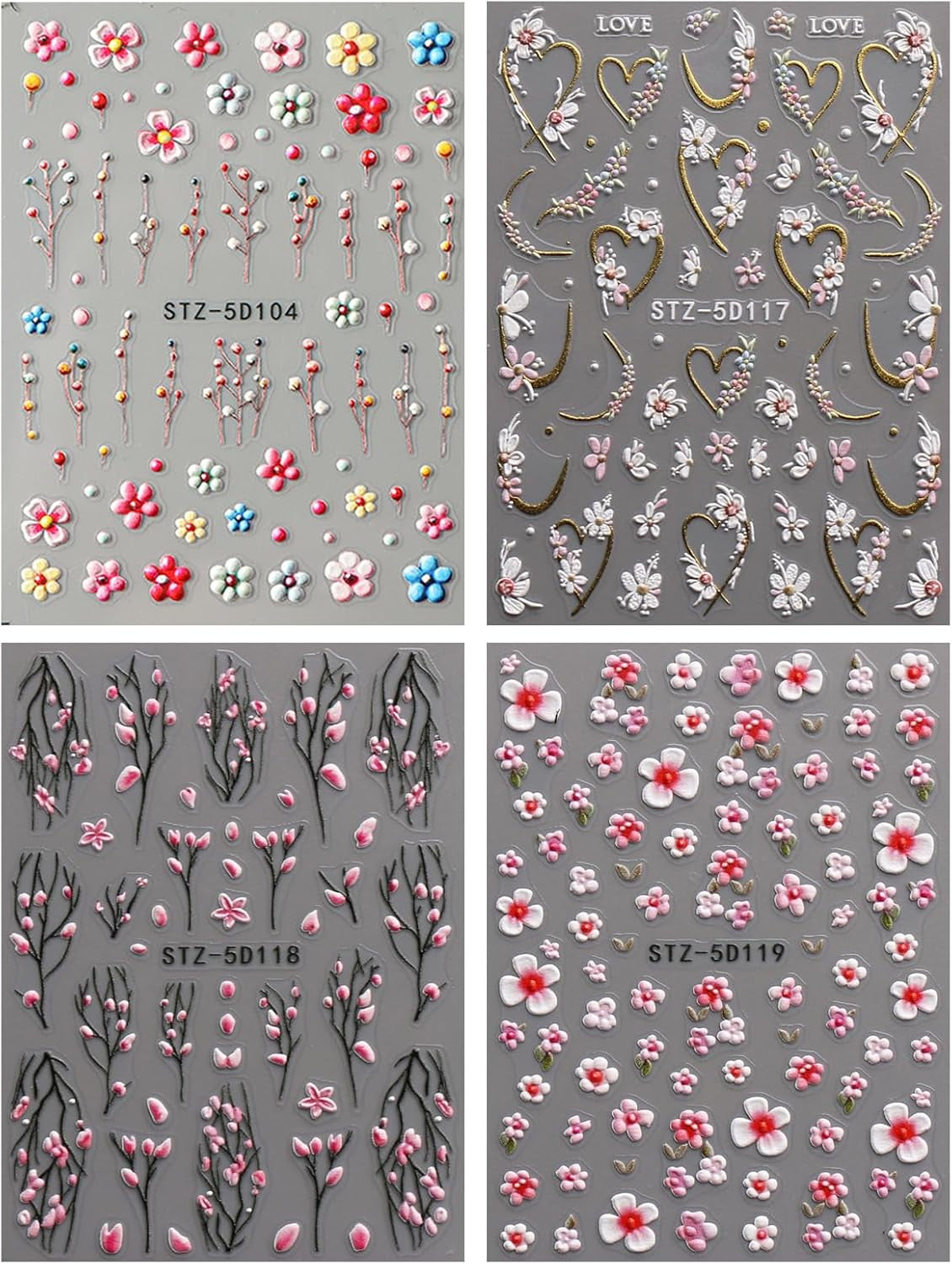 JMEOWIO 3D Nagelsticker Blume Nail Art Naklejka Selbstklebend Nagelaufkleber 5D Stereoskopisch Frühling Letnia dekoracja kwiatowa Nageldesign Zubehör 4 Blatt